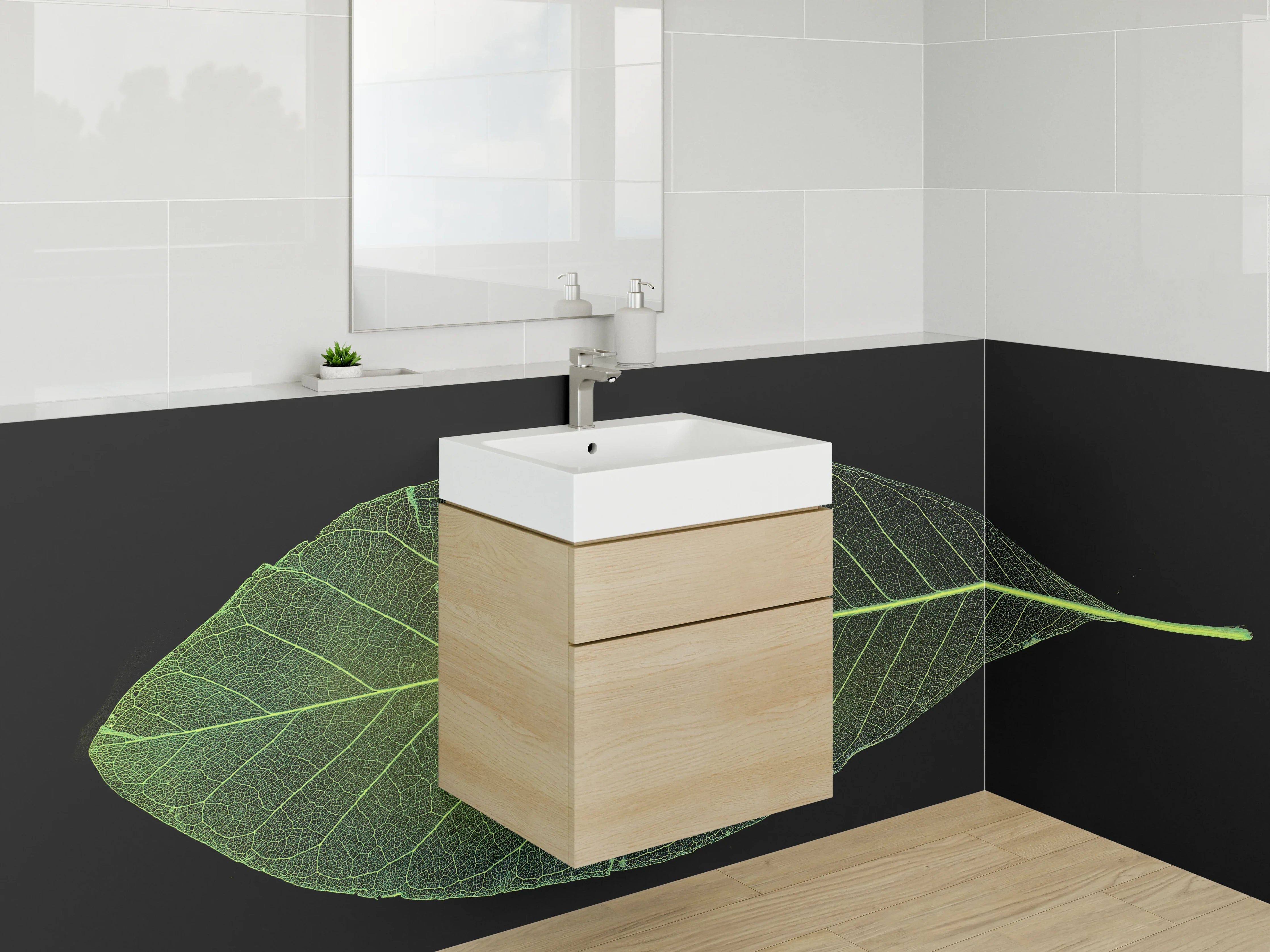 Waschbecken-Rückwand - Minimalistisches Blatt auf Schwarz Hintergrund