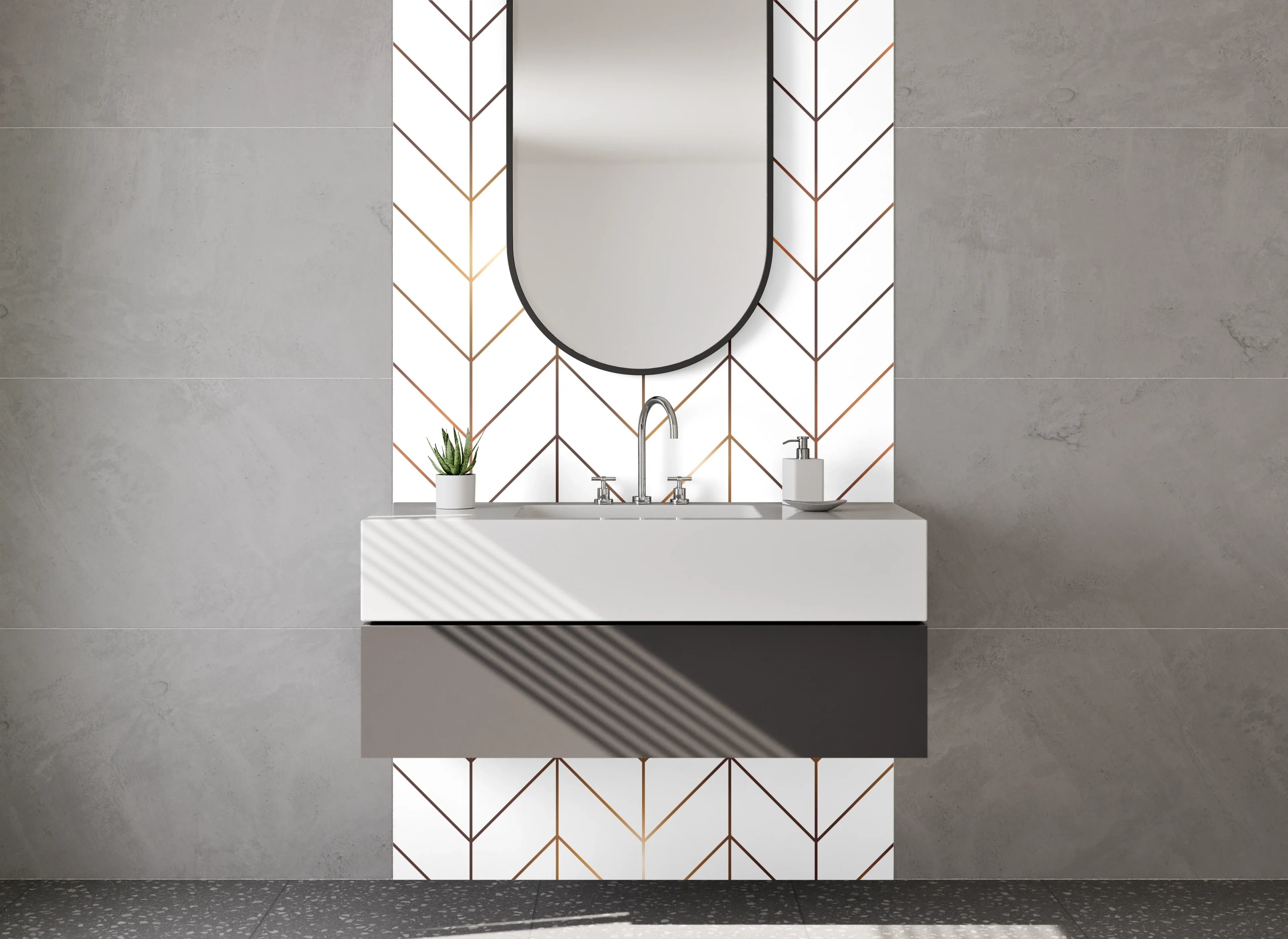 Waschbecken-Rückwand - Minimalistisches Chevron-Muster Weiß-Gold