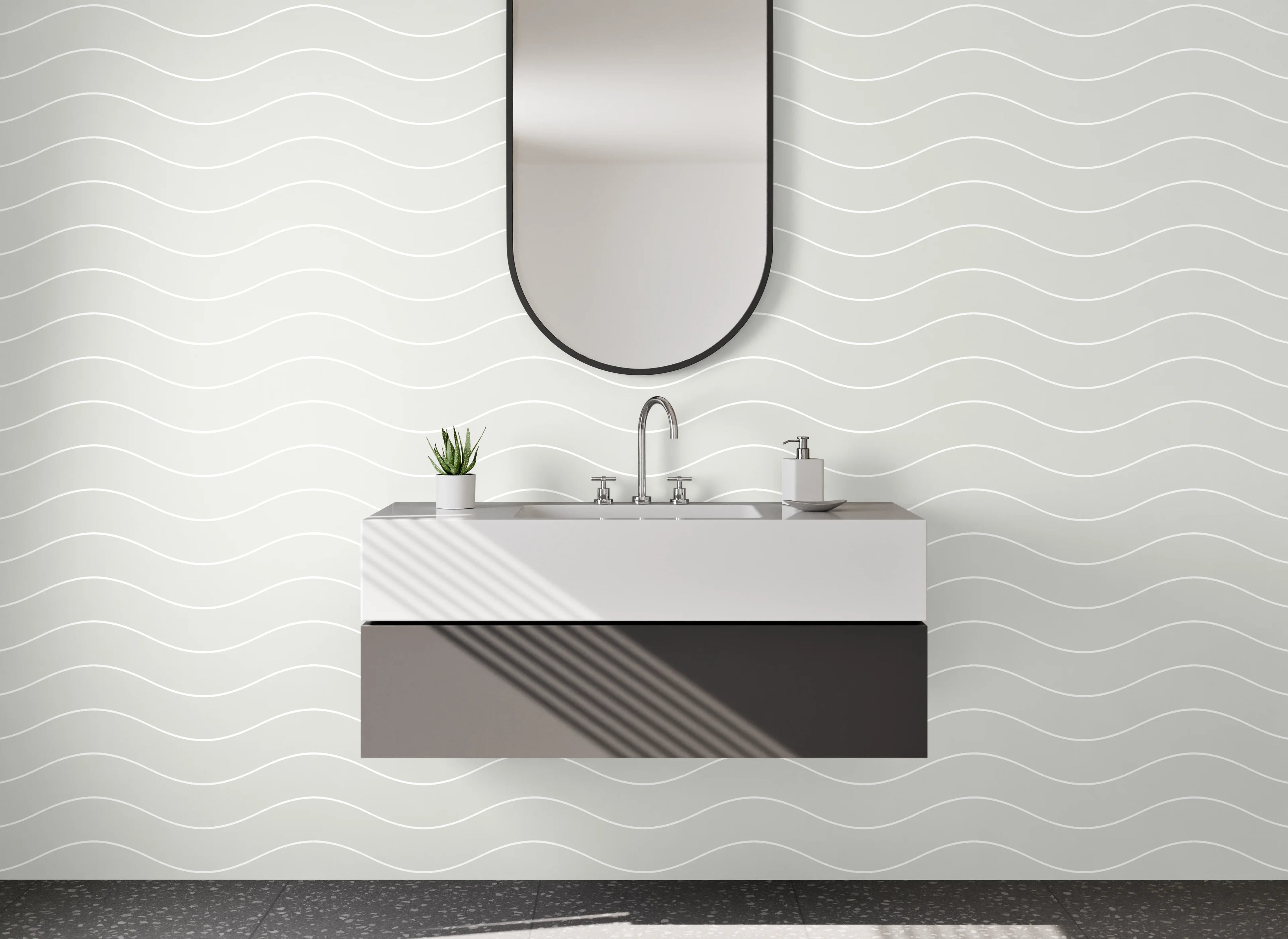 Waschbecken-Rückwand - Minimalistisches Wellenmuster Weiß Grau