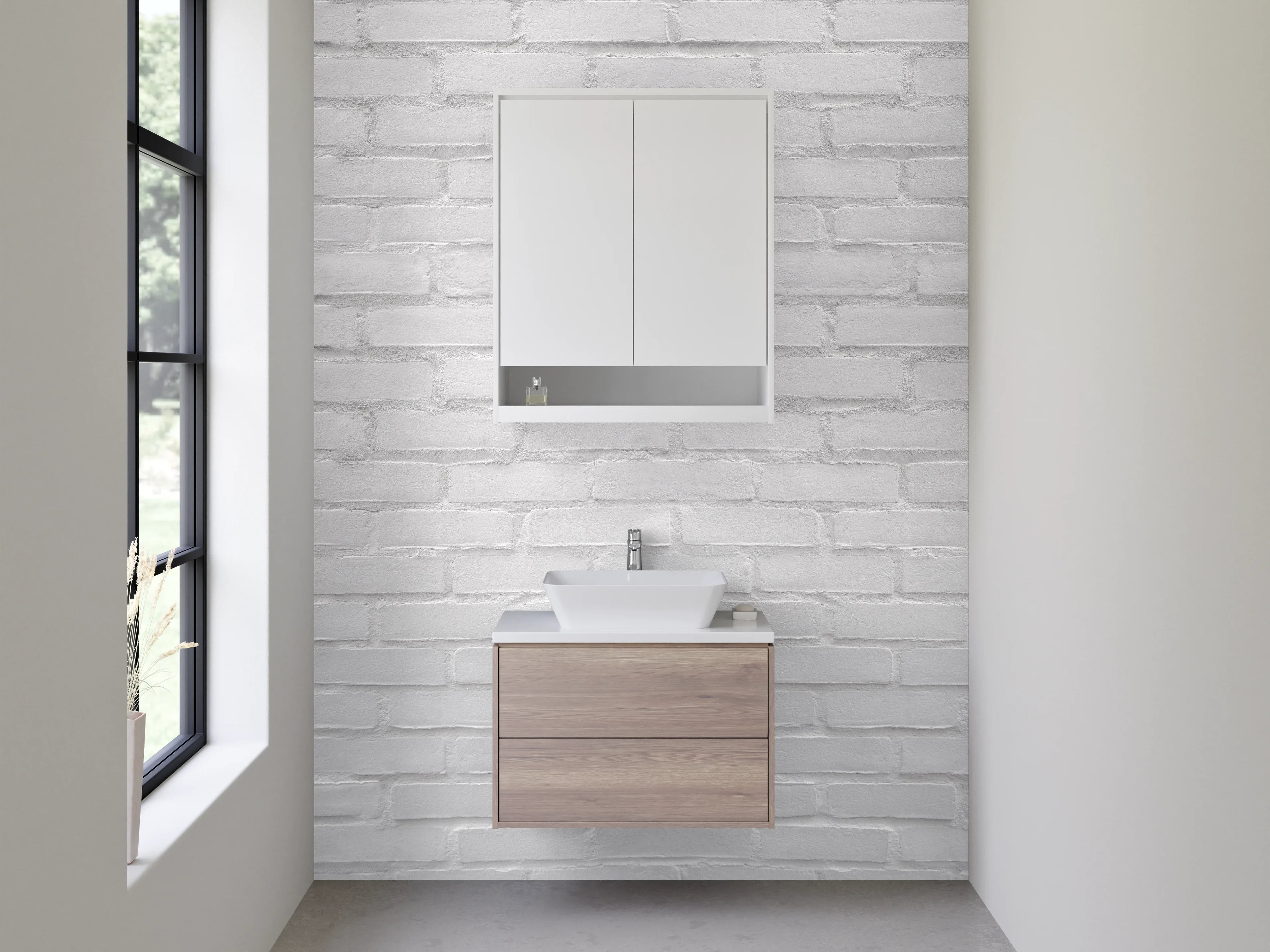 Waschbecken-Rückwand - Moderne Backsteinwand in Weiß-Grau