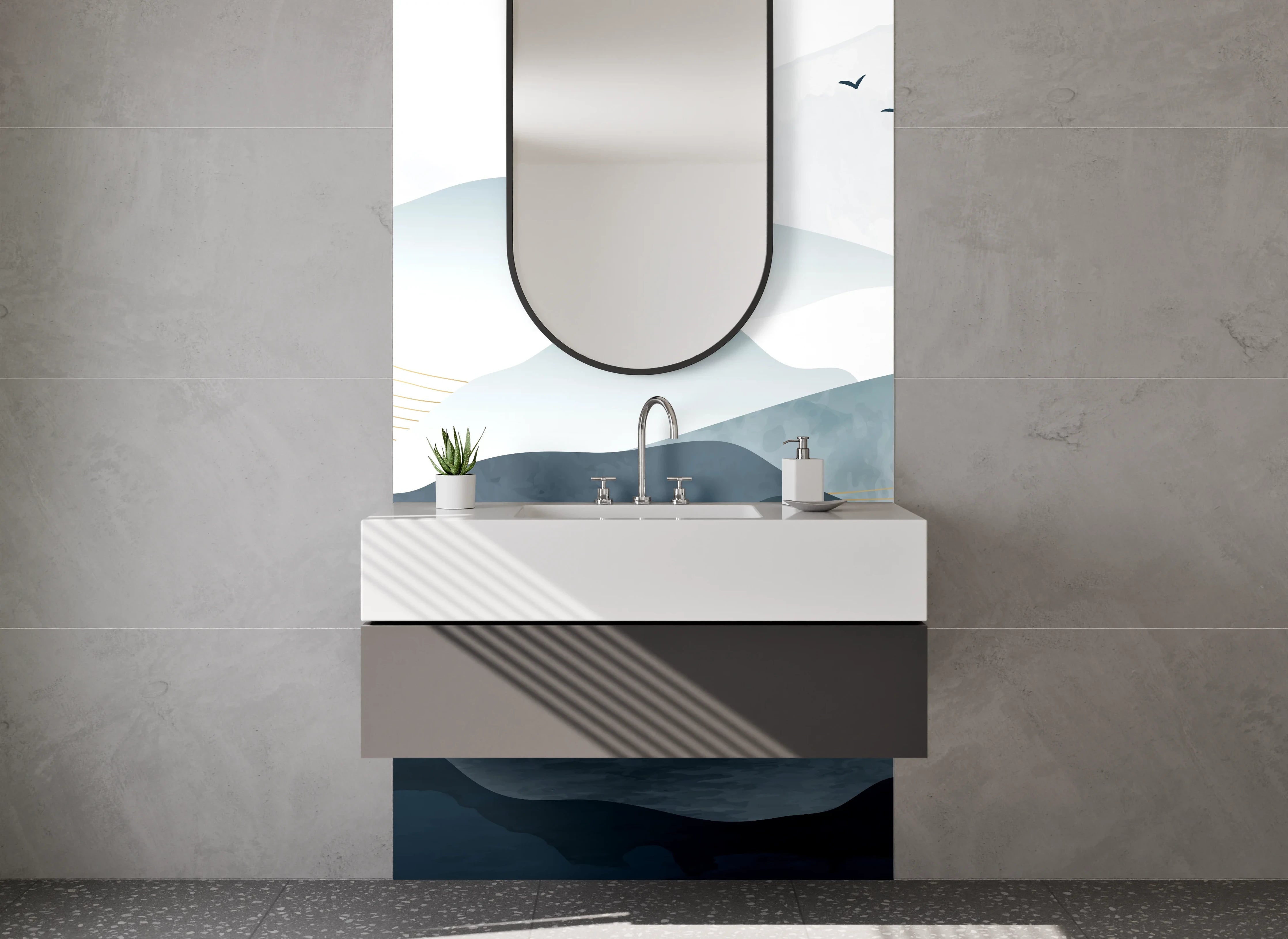 Waschbecken-Rückwand - Moderne Berglandschaft im minimalistischen Stil