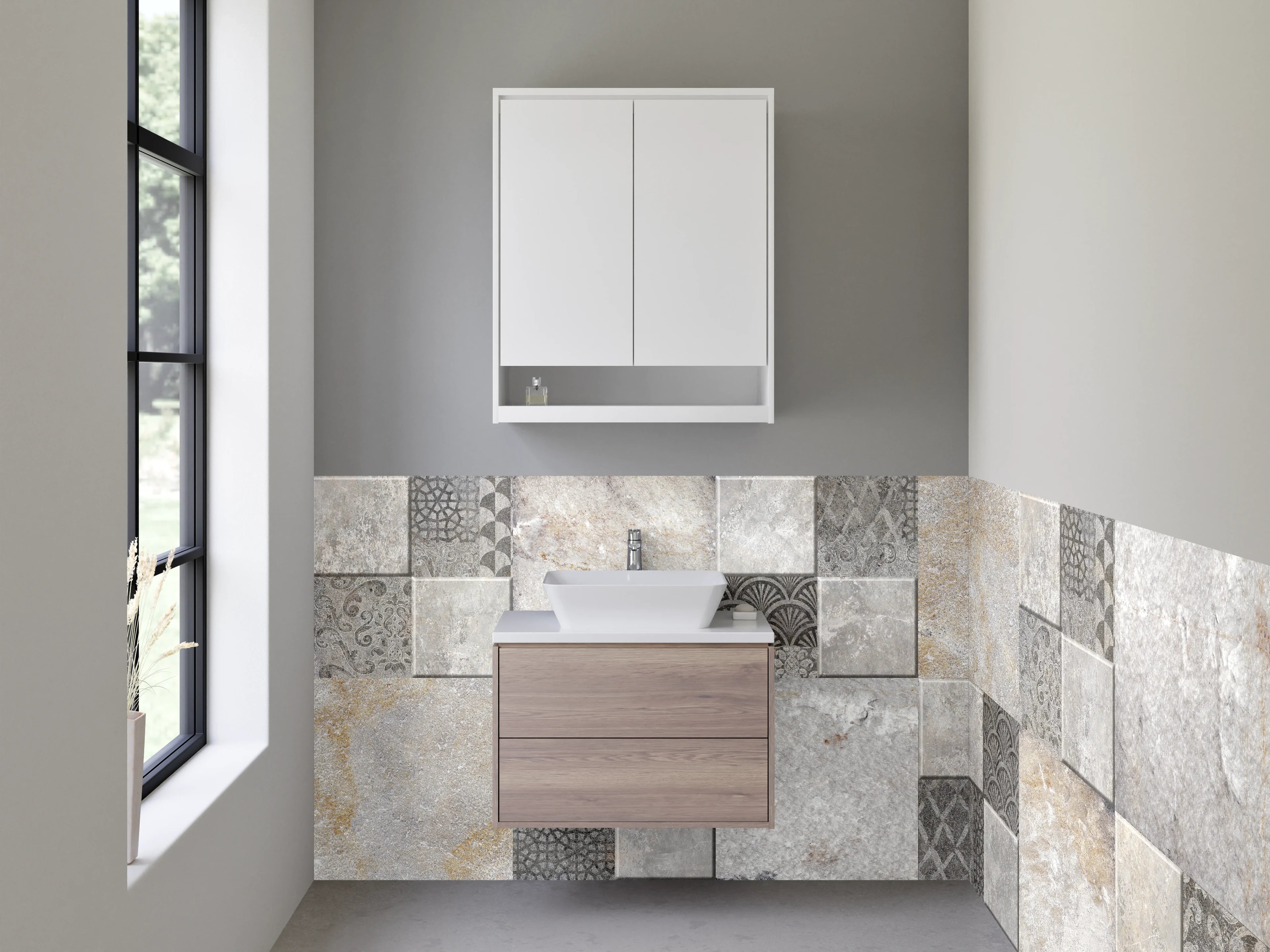 Waschbecken-Rückwand - Moderne Fliesenoptik Grau Beige