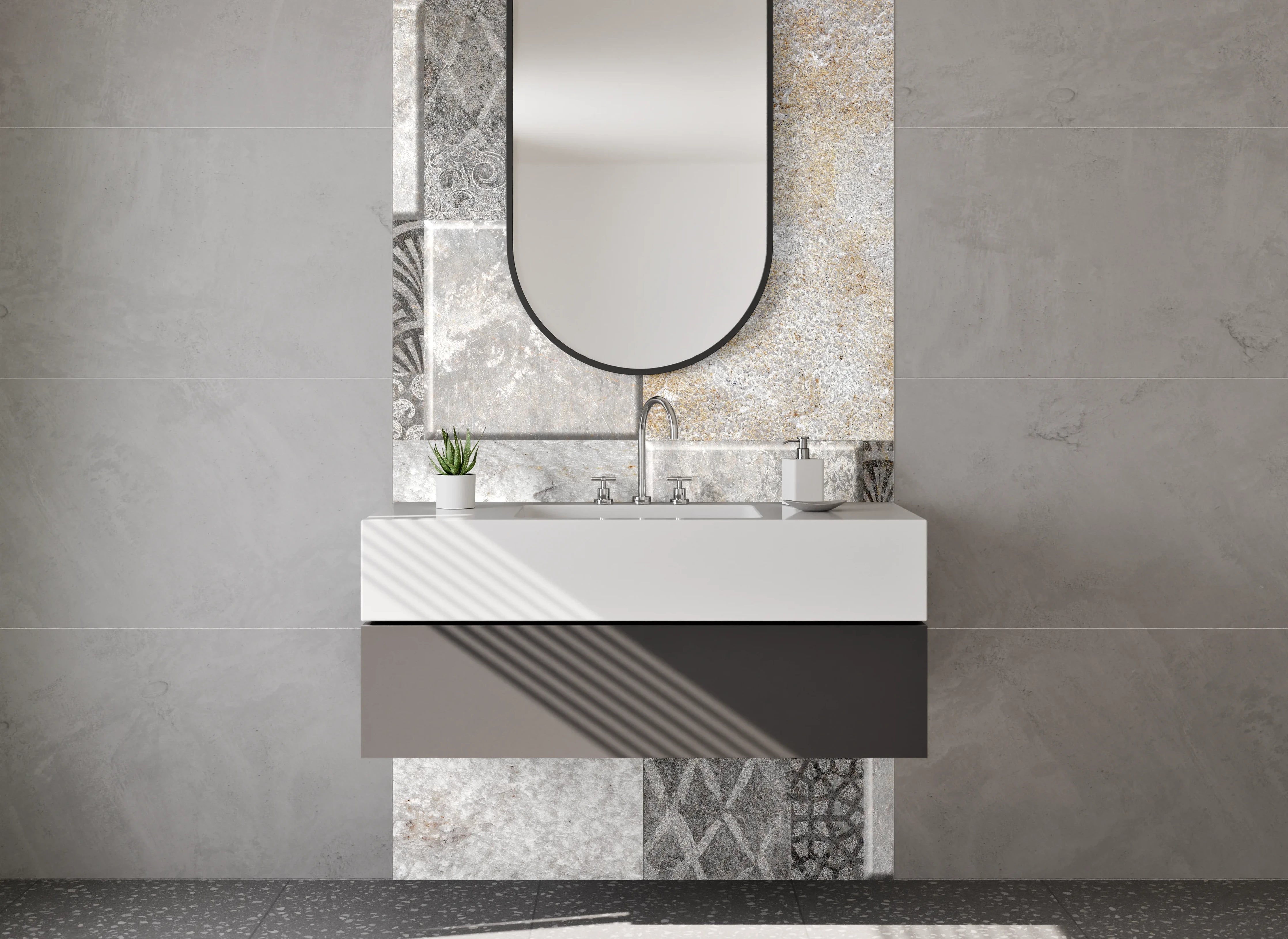 Waschbecken-Rückwand - Moderne Fliesenoptik Grau Beige