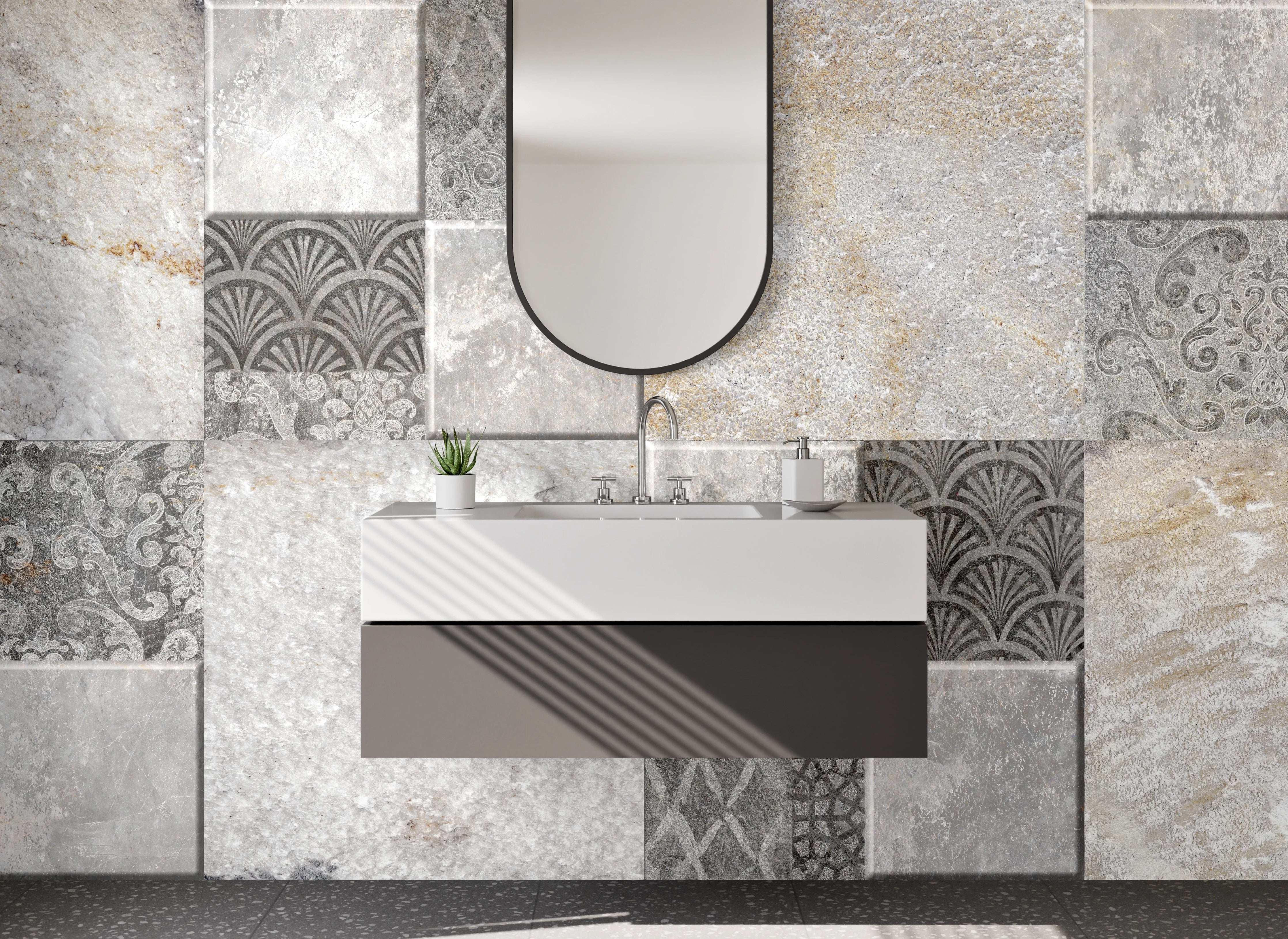 Waschbecken-Rückwand - Moderne Fliesenoptik Grau Beige