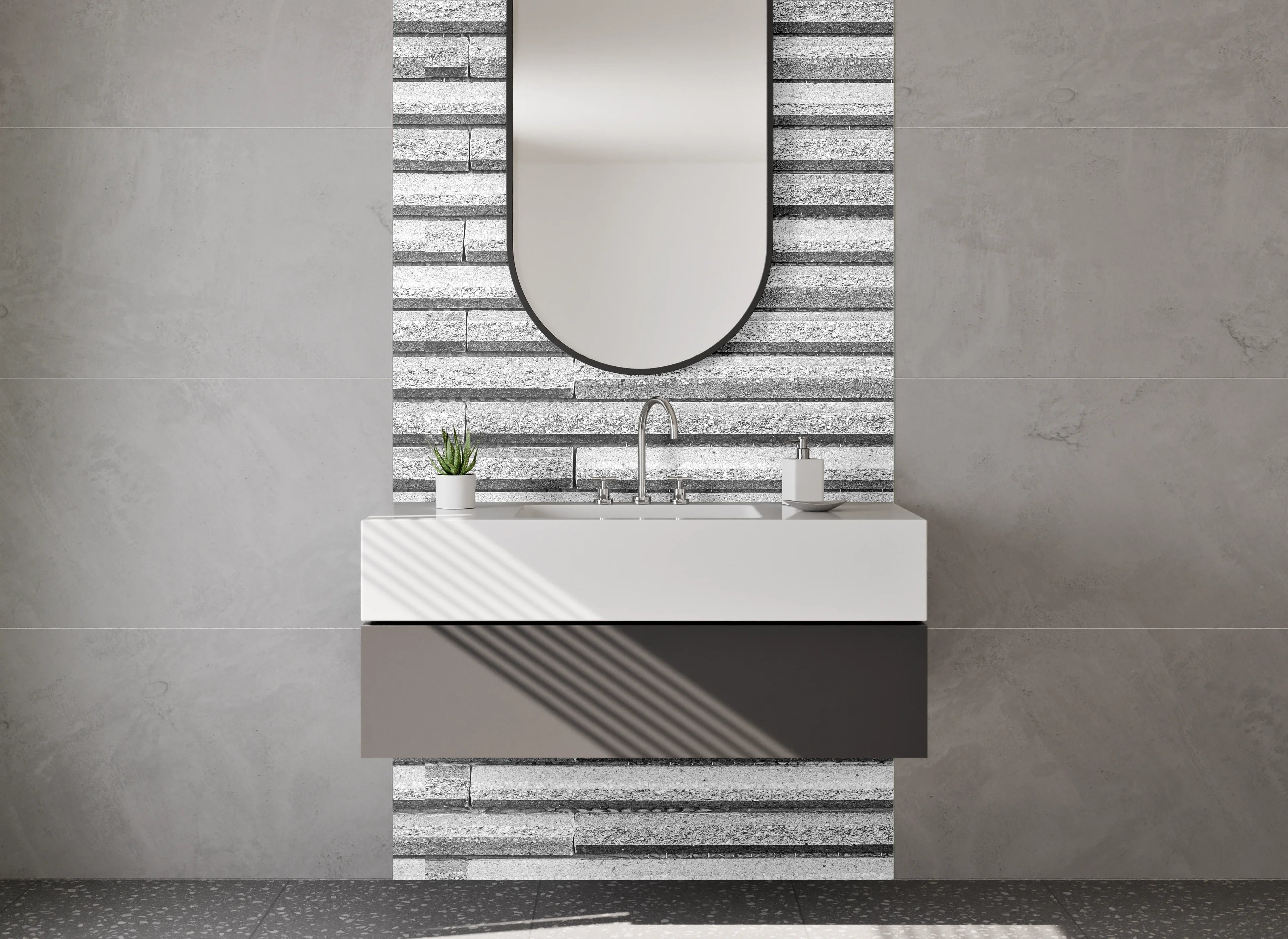 Waschbecken-Rückwand - Moderne Fliesenoptik Grau-Weiß