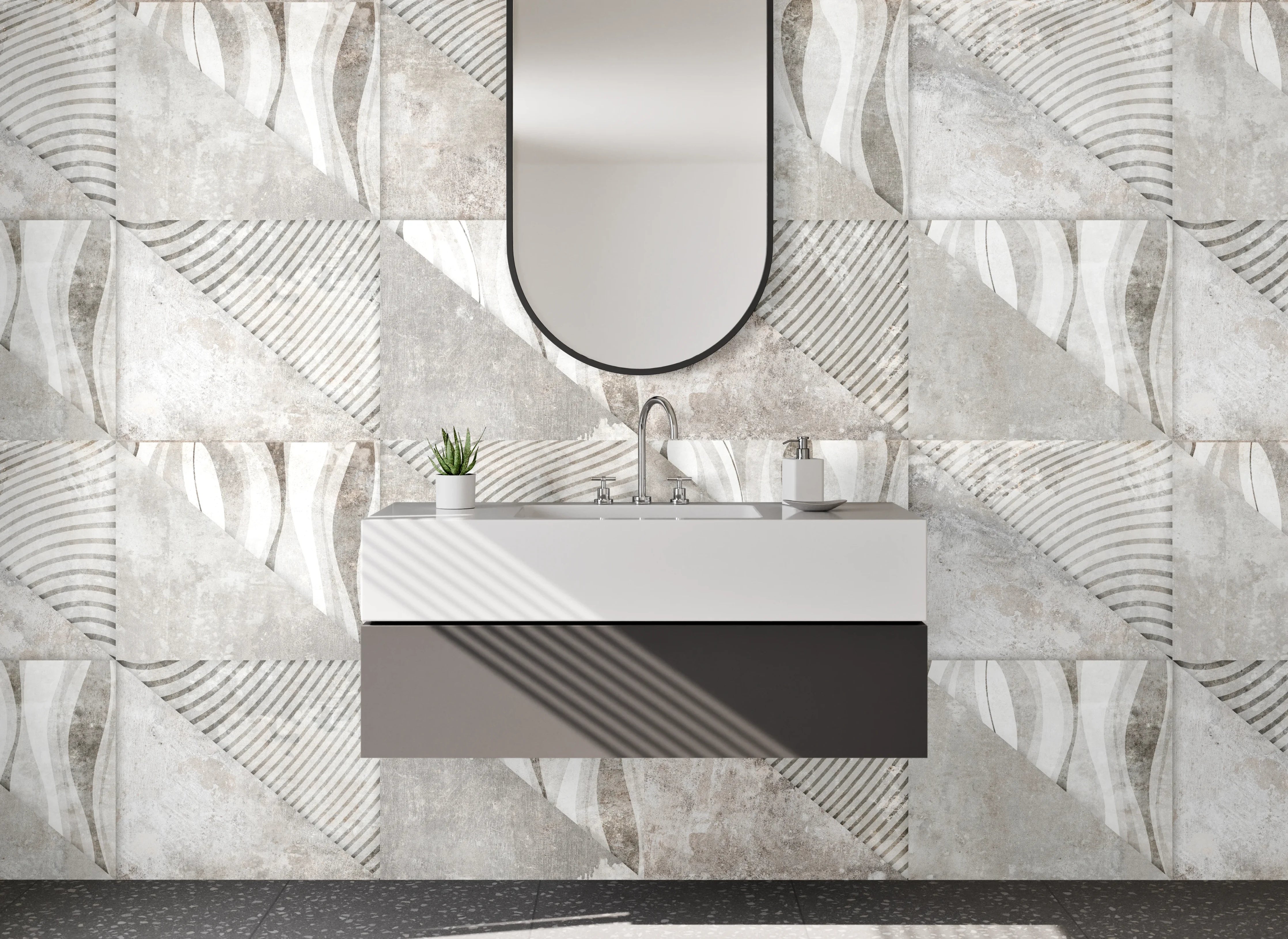 Waschbecken-Rückwand - Moderne Fliesenoptik in Weiß und Grau