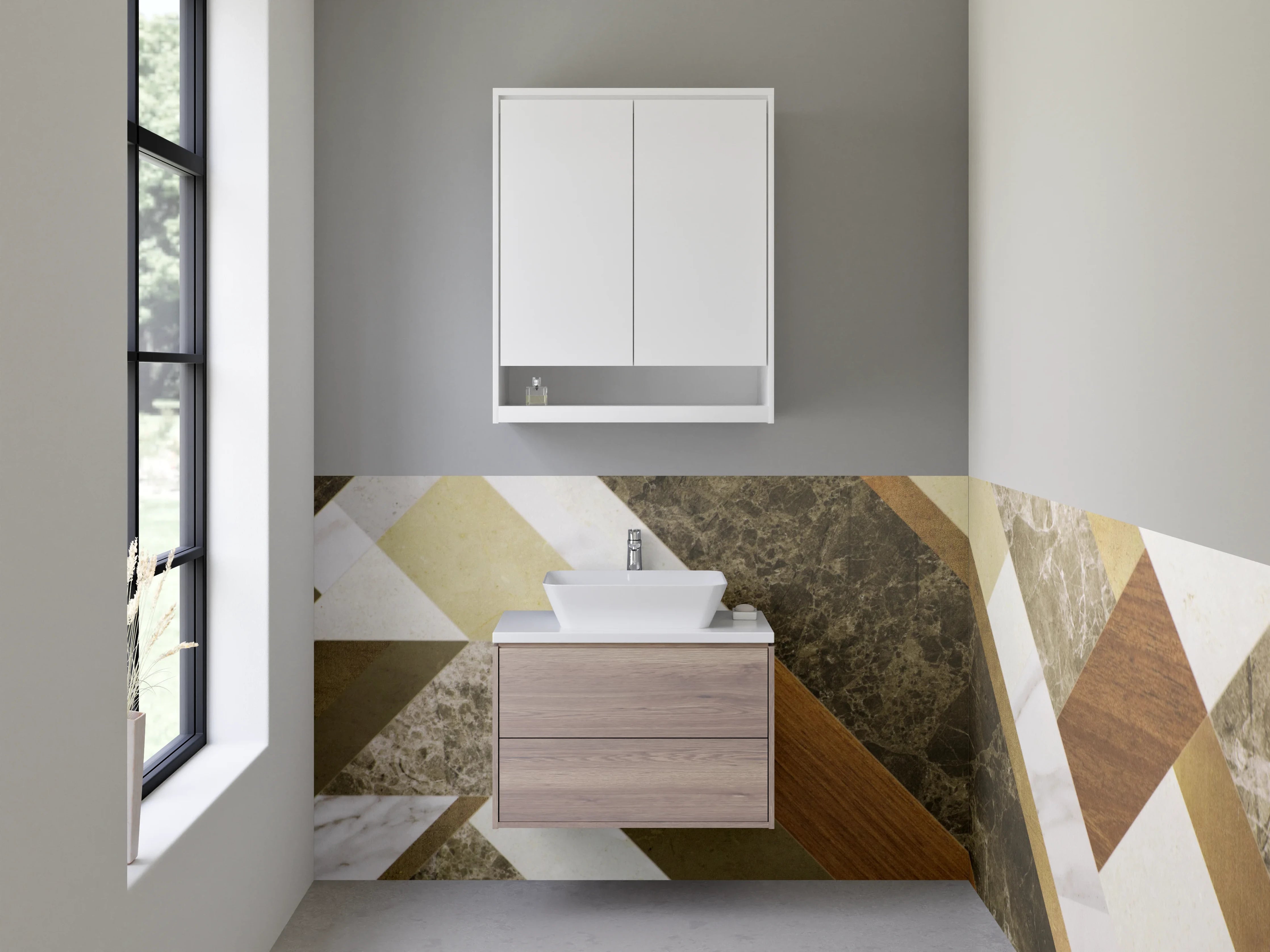 Waschbecken-Rückwand - Moderne Holz- und Steinoptik mit Grau- und Beigetönen