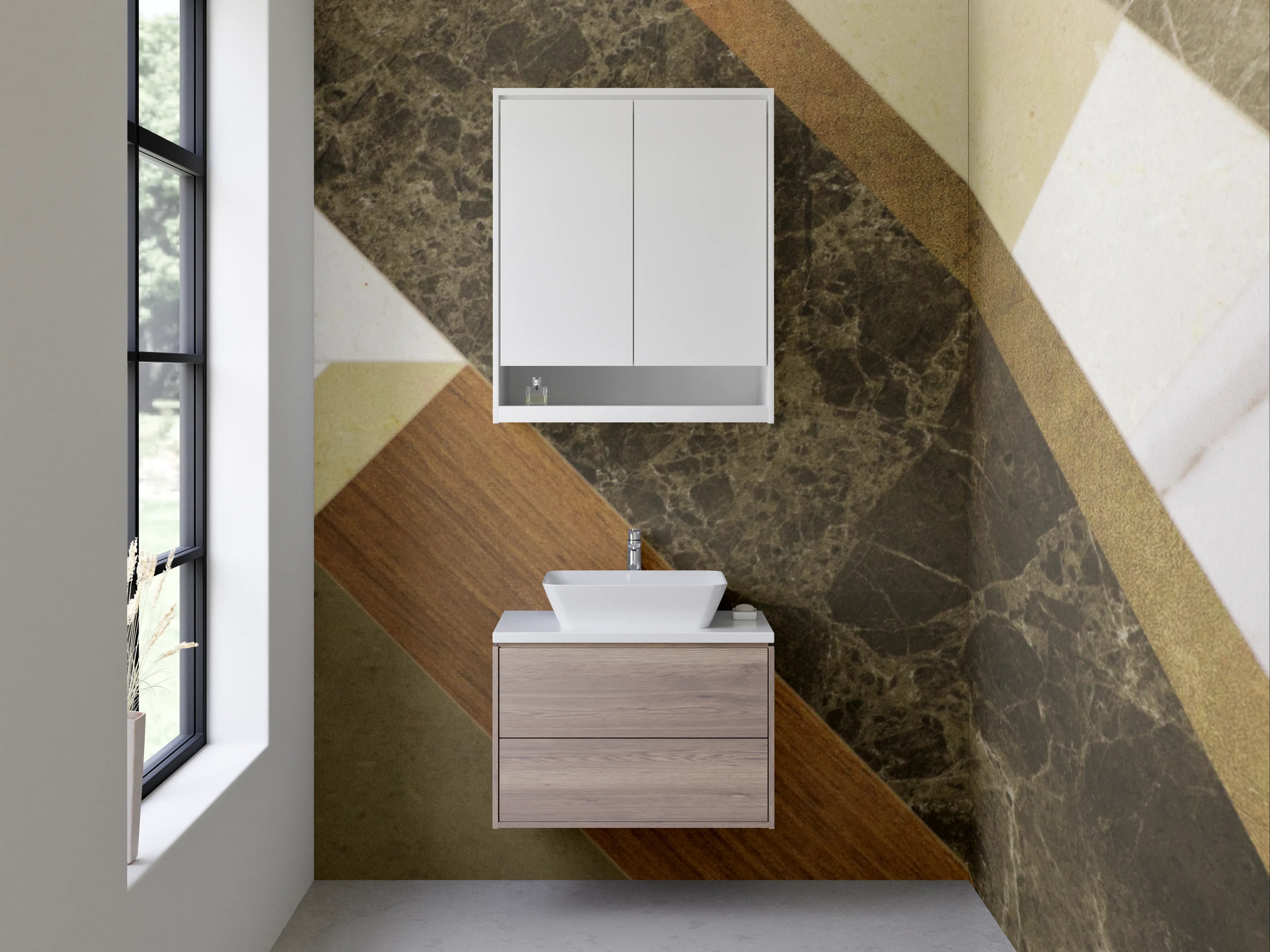 Waschbecken-Rückwand - Moderne Holz- und Steinoptik mit Grau- und Beigetönen