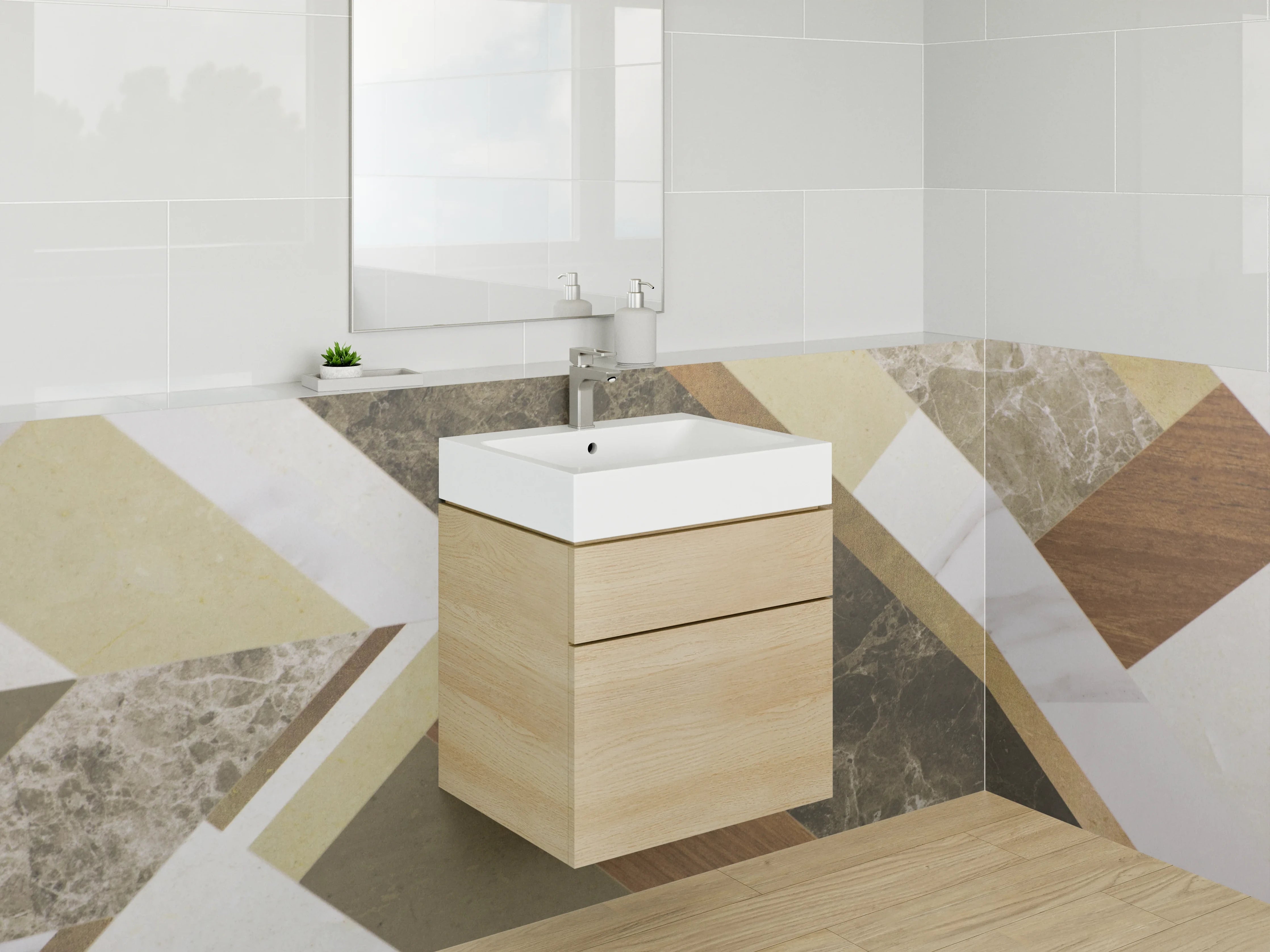 Waschbecken-Rückwand - Moderne Holz- und Steinoptik mit Grau- und Beigetönen