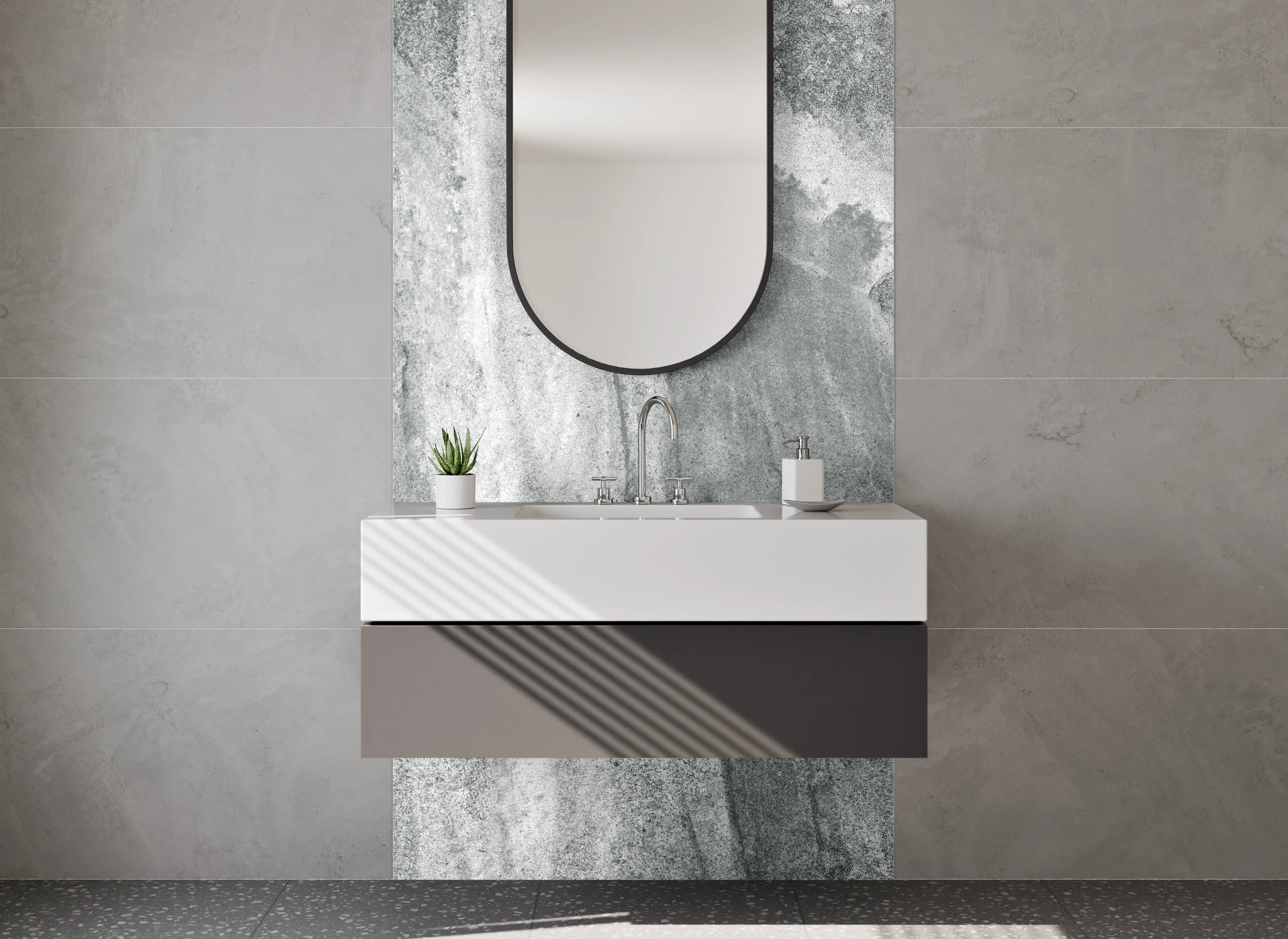 Waschbecken-Rückwand - Moderne Marmoroptik in Grau und Weiß