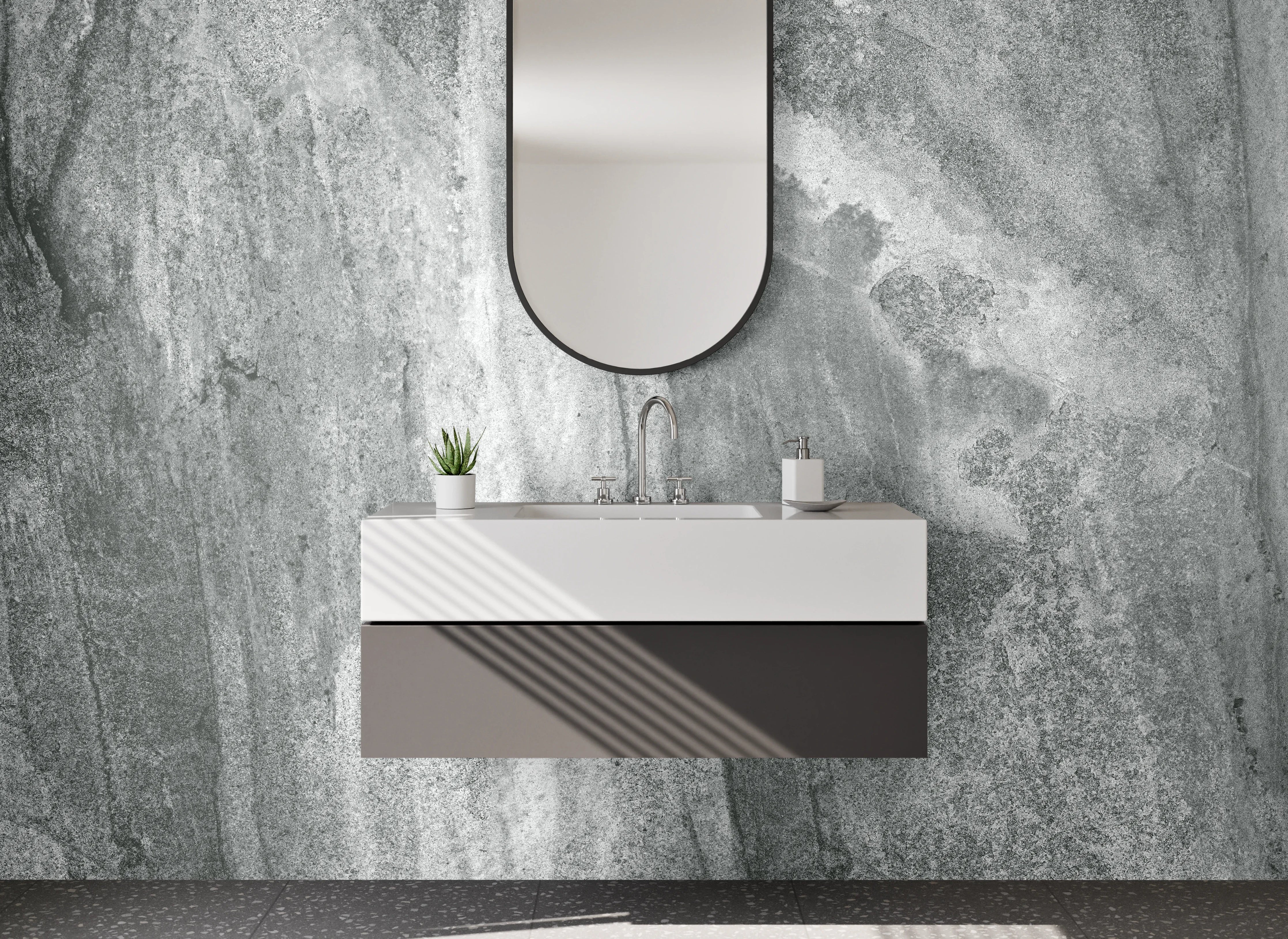Waschbecken-Rückwand - Moderne Marmoroptik in Grau und Weiß