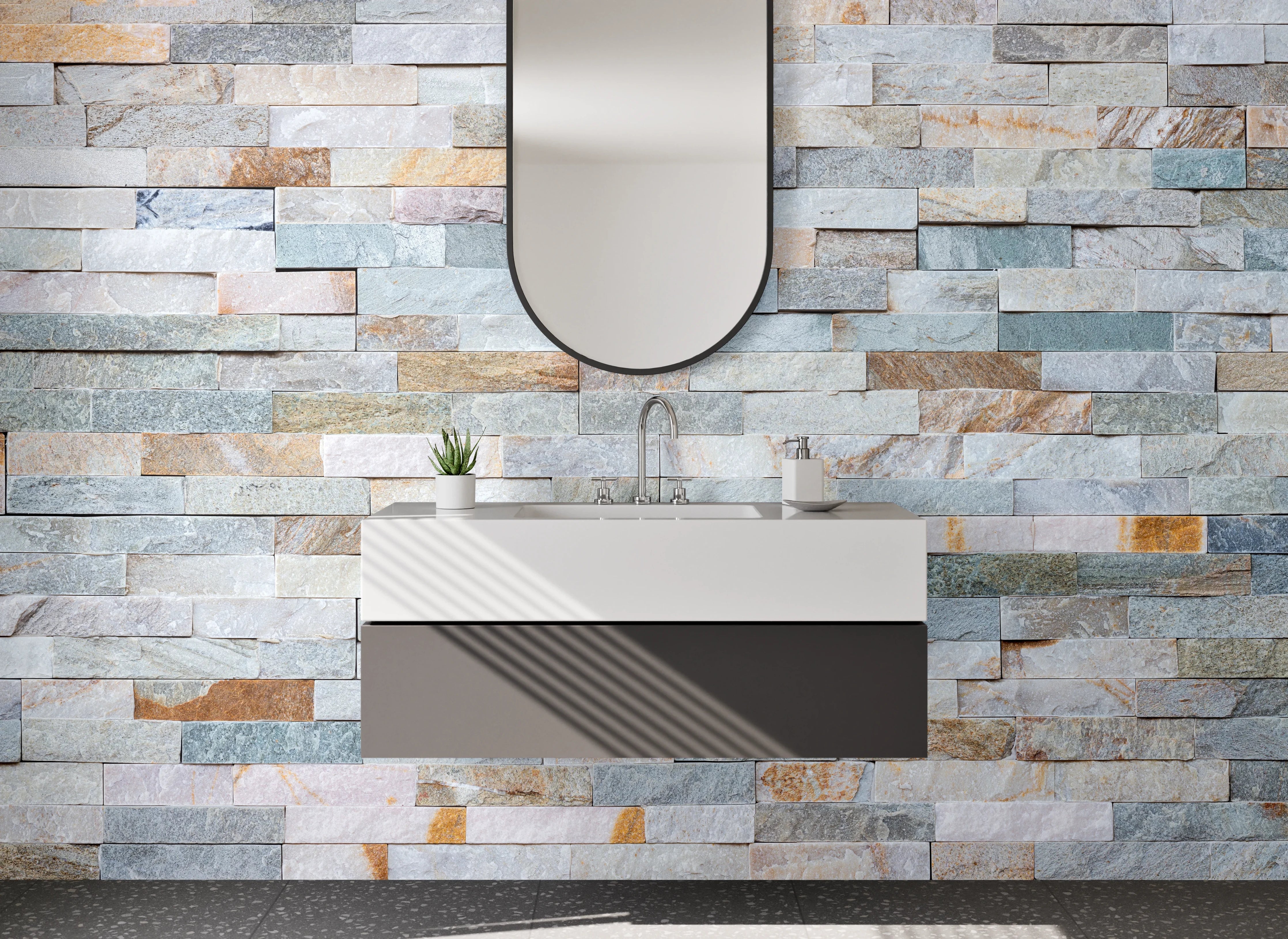 Waschbecken-Rückwand - Moderne Naturstein-Optik Weiß-Grau