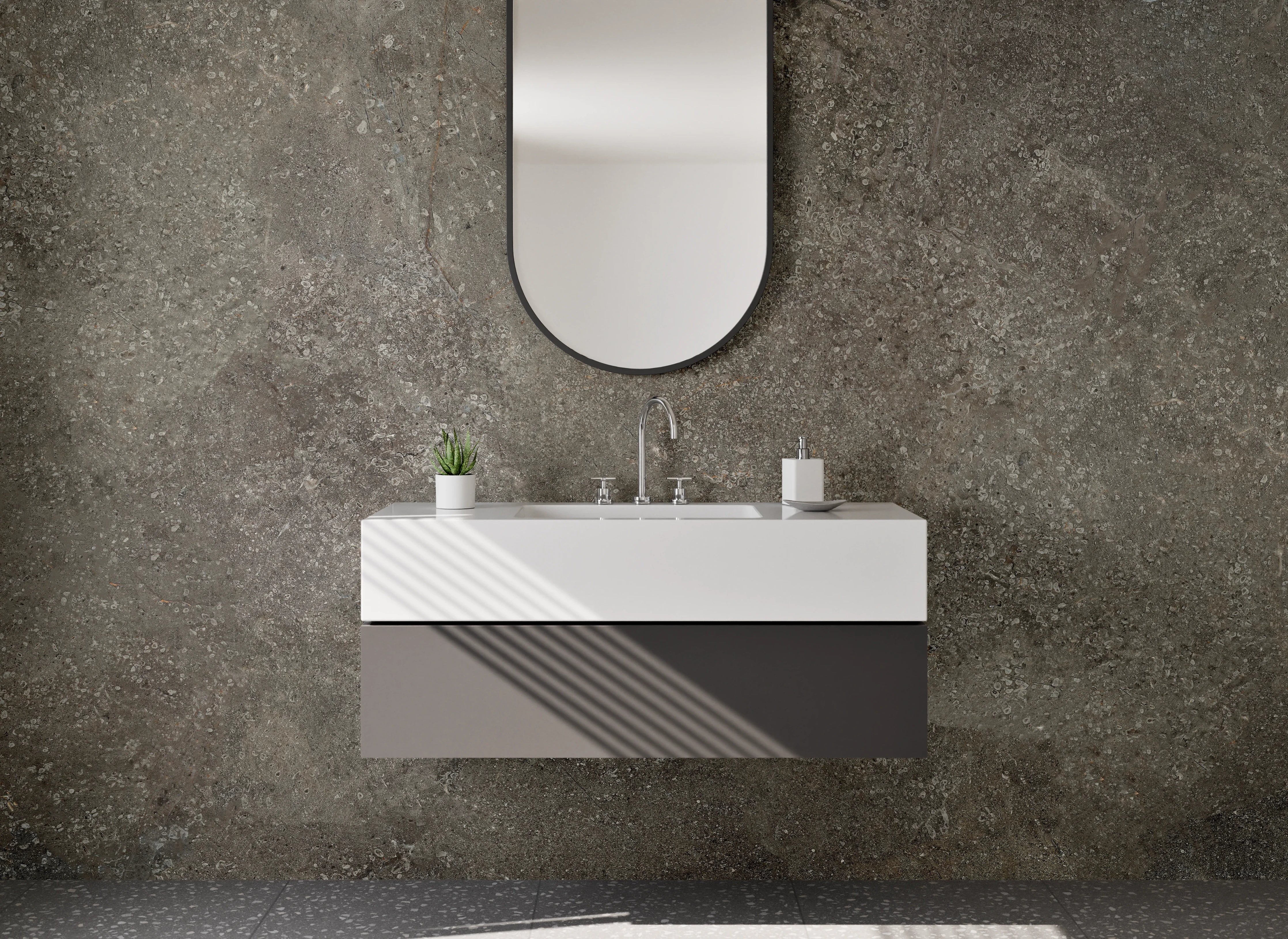 Waschbecken-Rückwand - Moderne Steinoptik Dunkelgrau Fliese