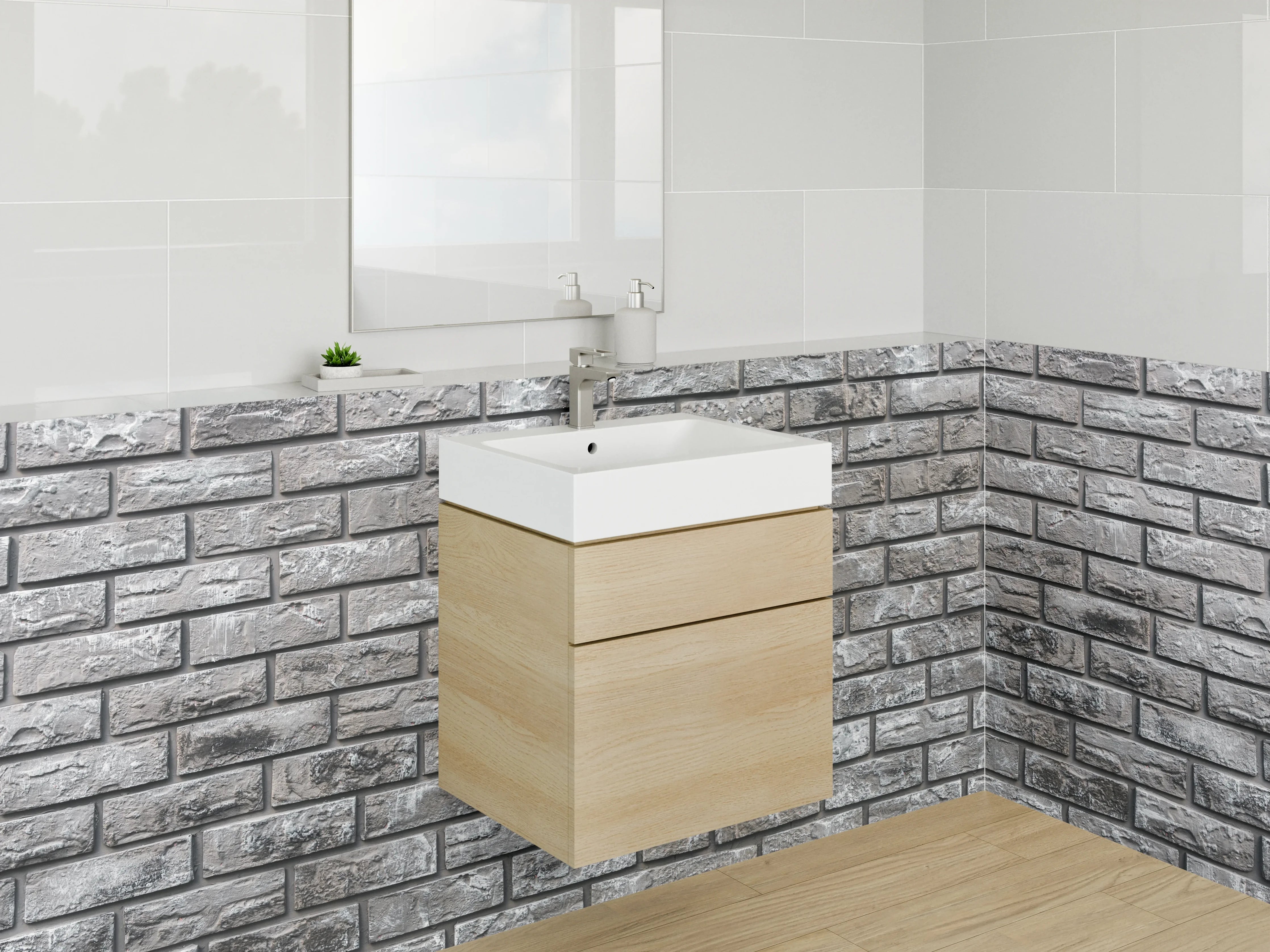 Waschbecken-Rückwand - Moderne Steinziegel-Optik Grau Weiß