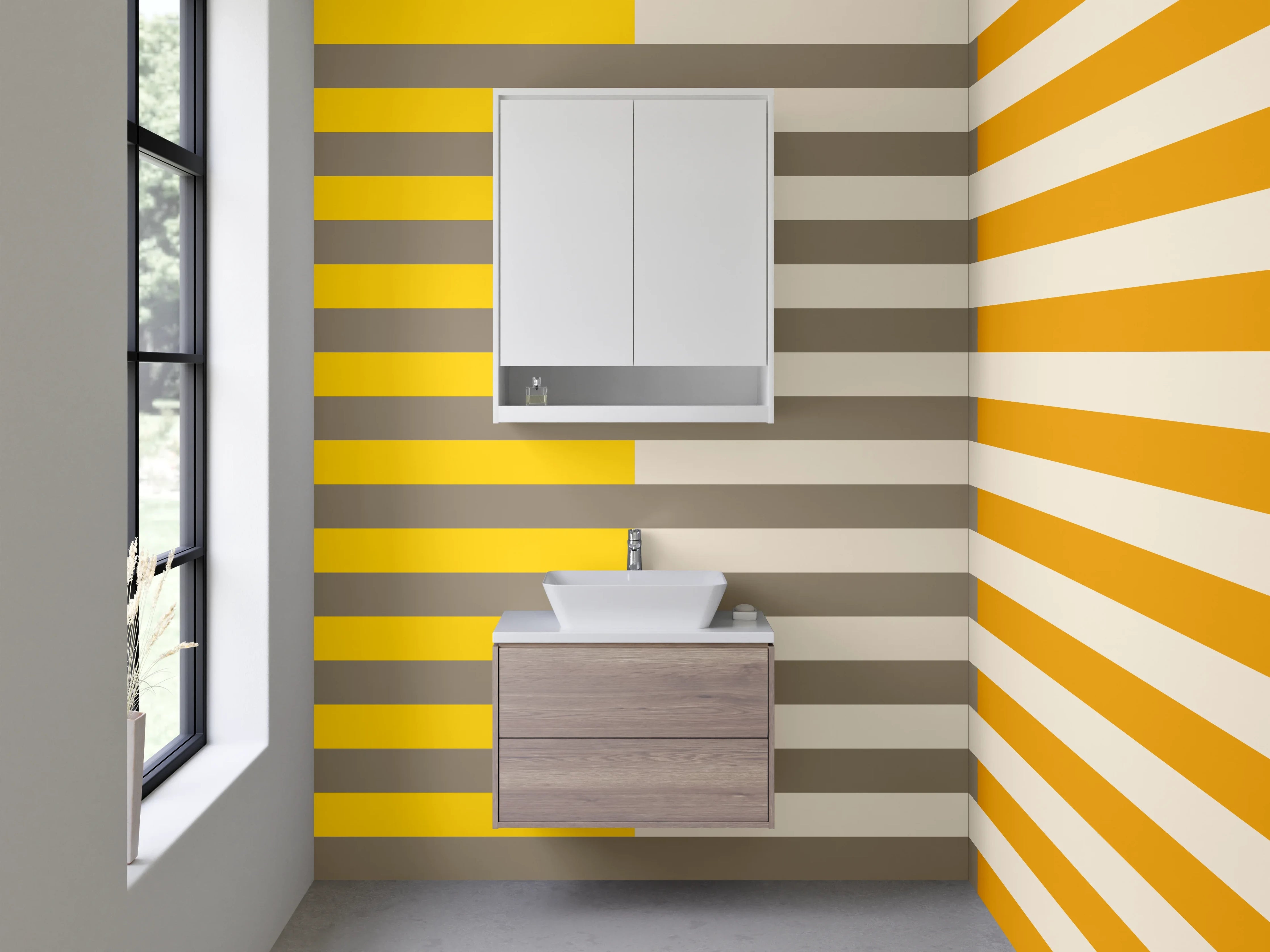 Waschbecken-Rückwand - Moderne Streifenmuster in Gelb, Grau und Orange