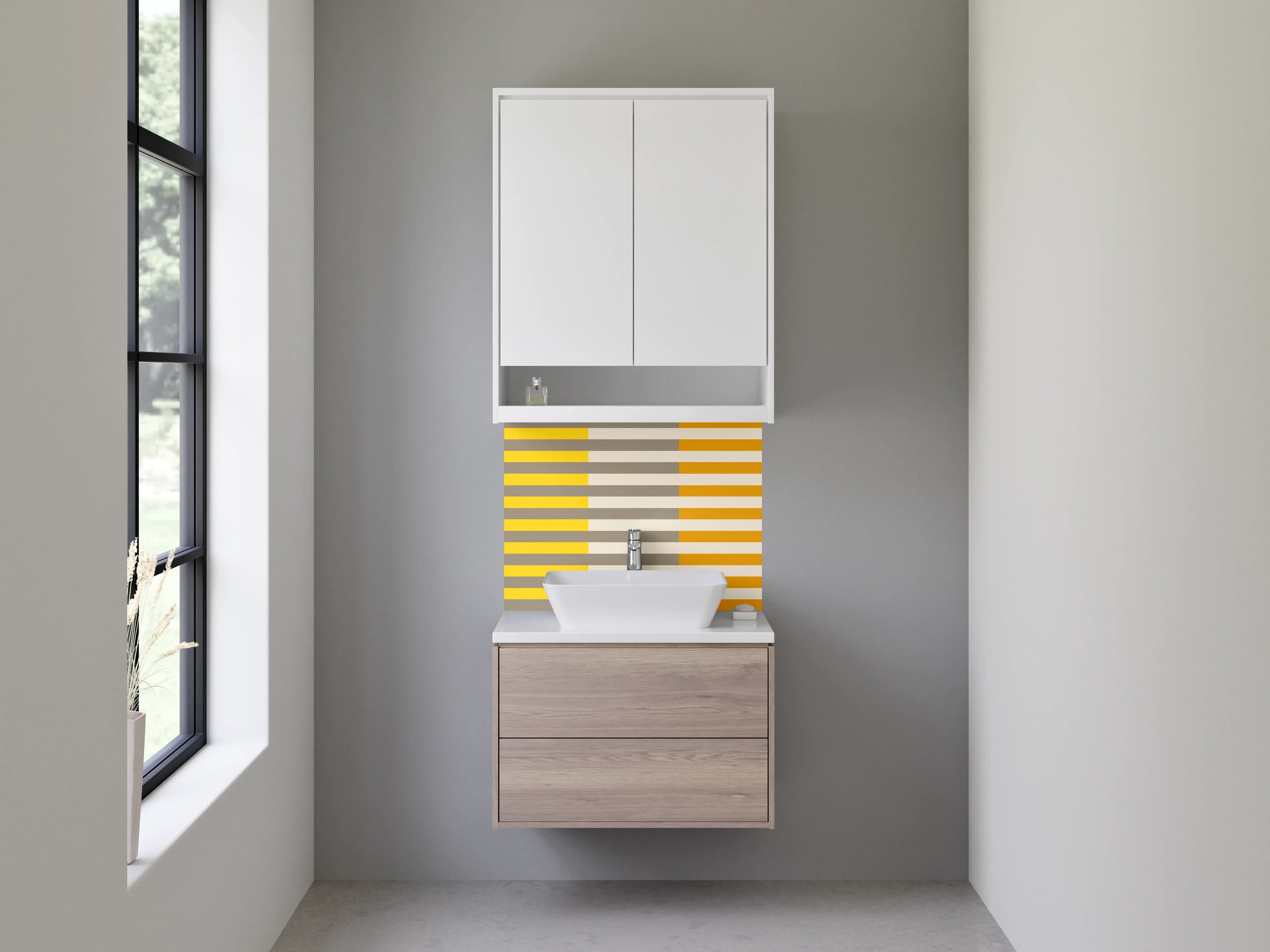 Waschbecken-Rückwand - Moderne Streifenmuster in Gelb, Grau und Orange