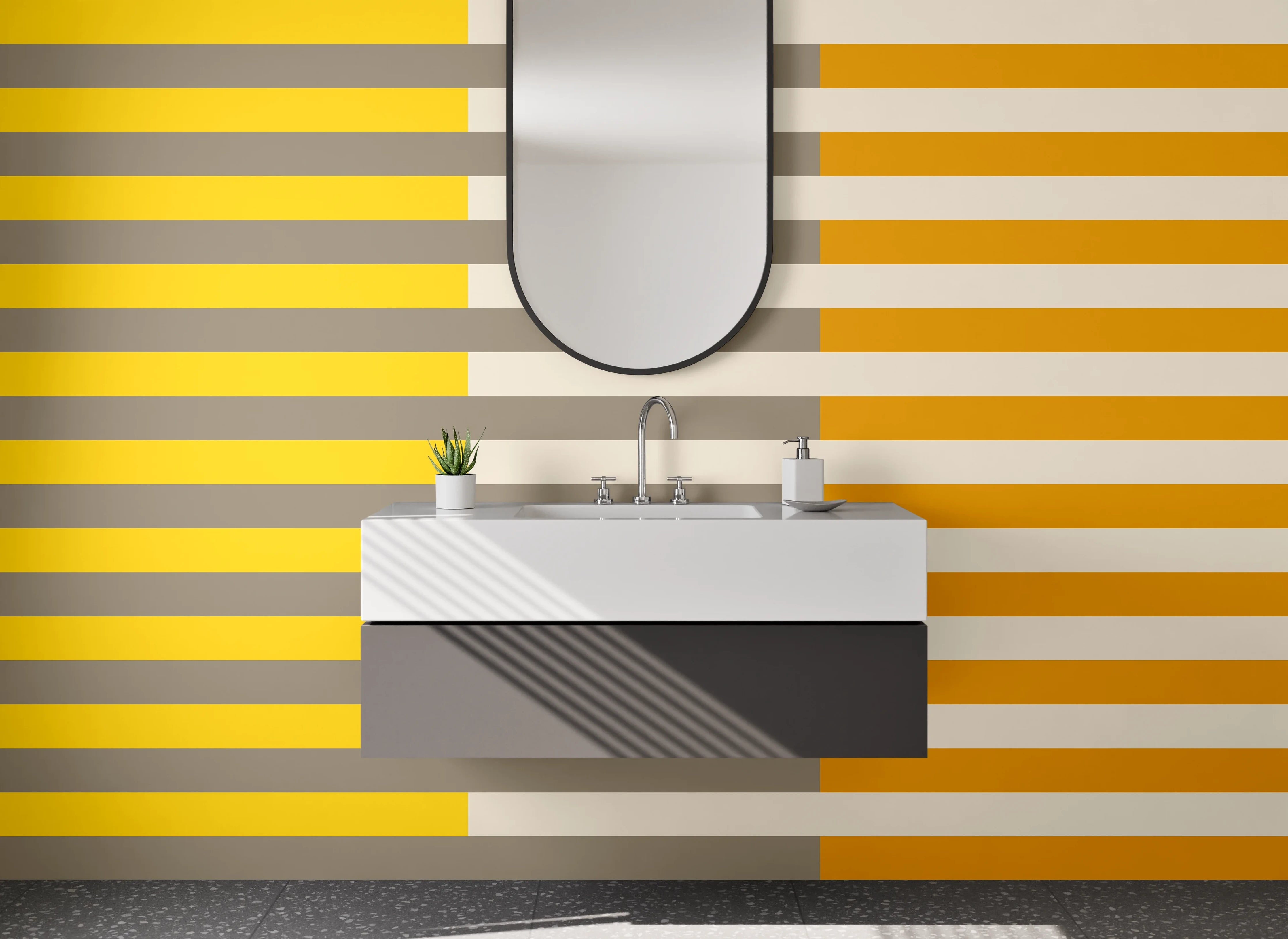 Waschbecken-Rückwand - Moderne Streifenmuster in Gelb, Grau und Orange