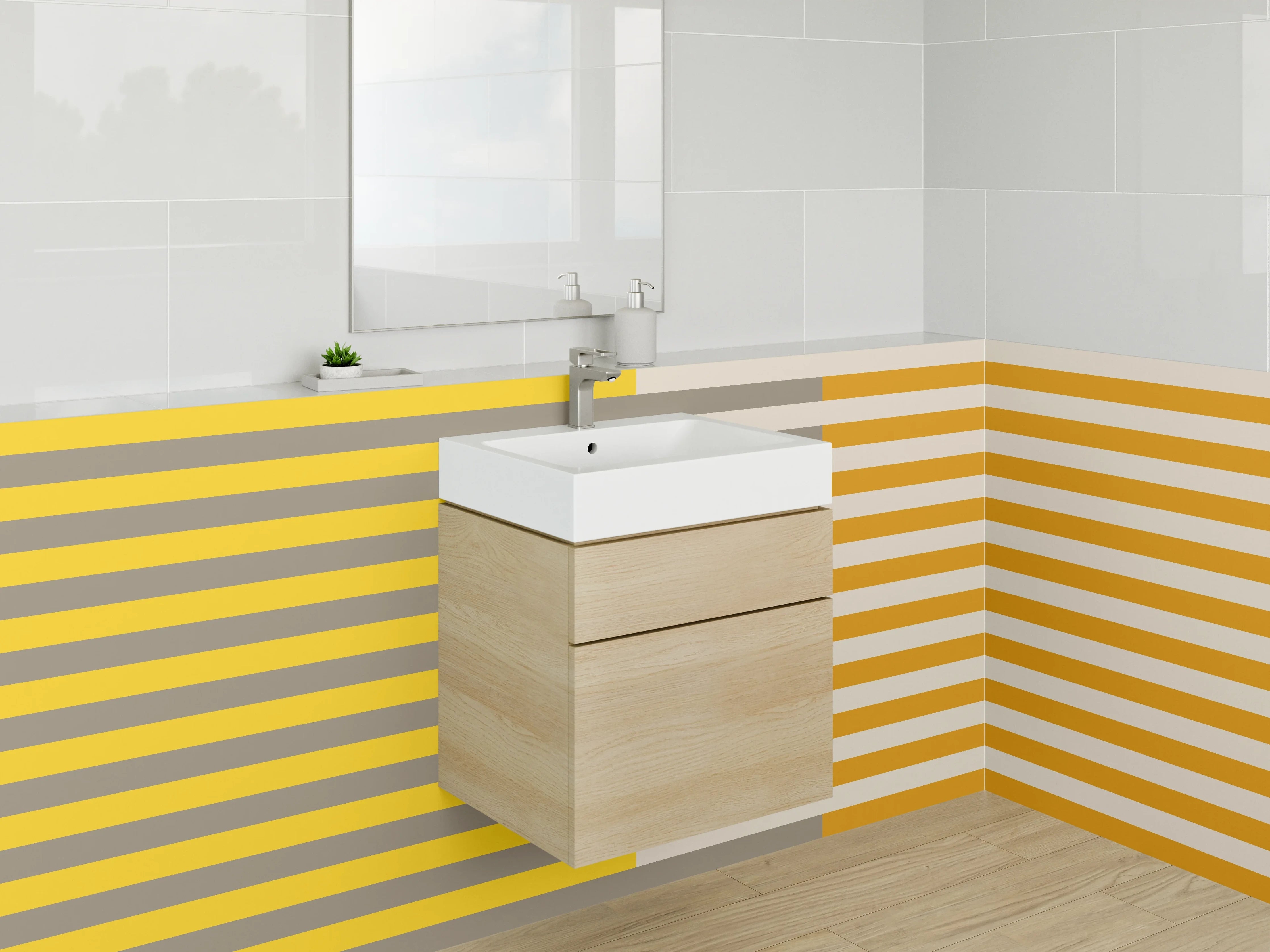 Waschbecken-Rückwand - Moderne Streifenmuster in Gelb, Grau und Orange