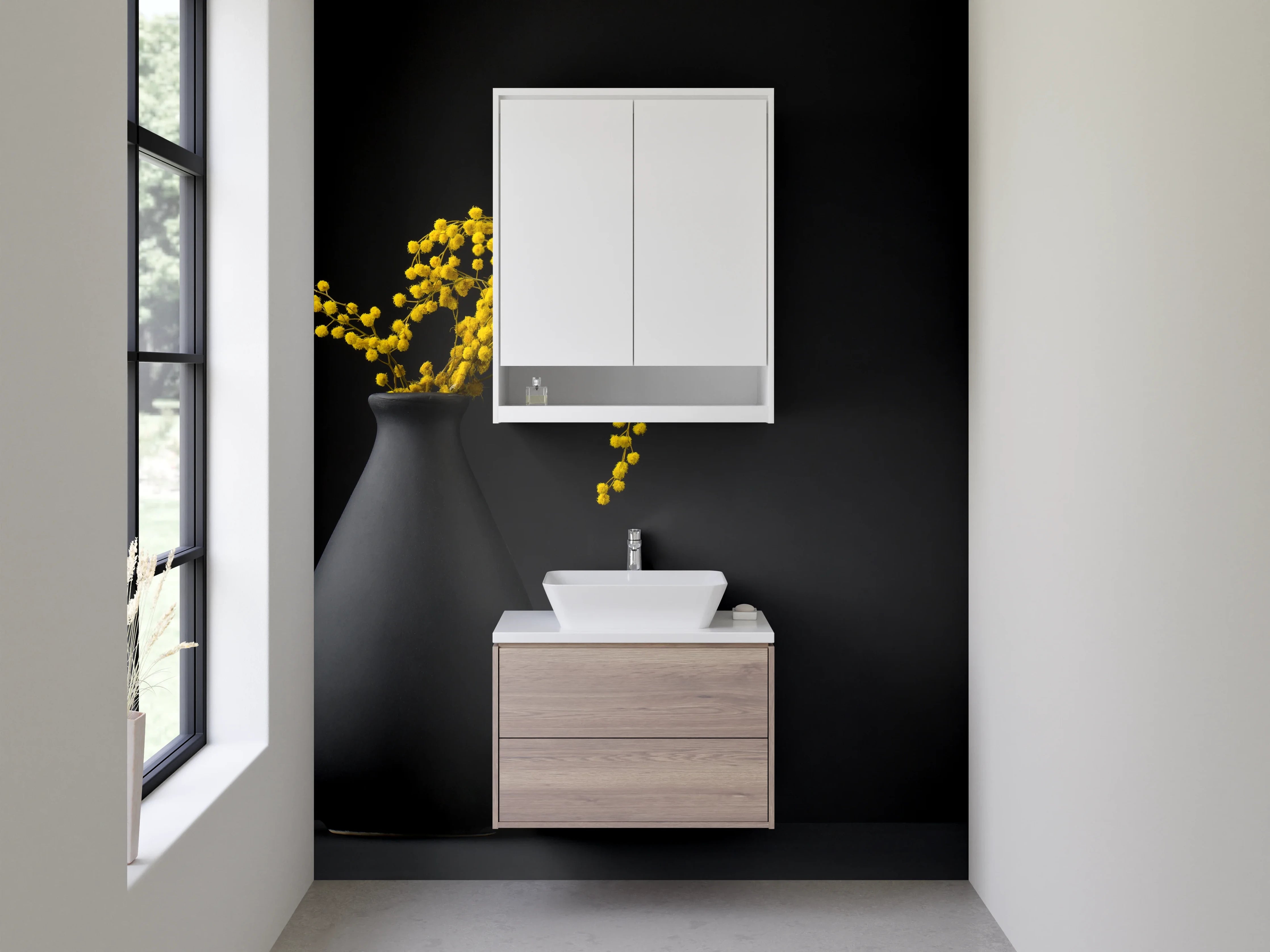 Waschbecken-Rückwand - Moderne Vase mit Mimosenzweig Stillleben