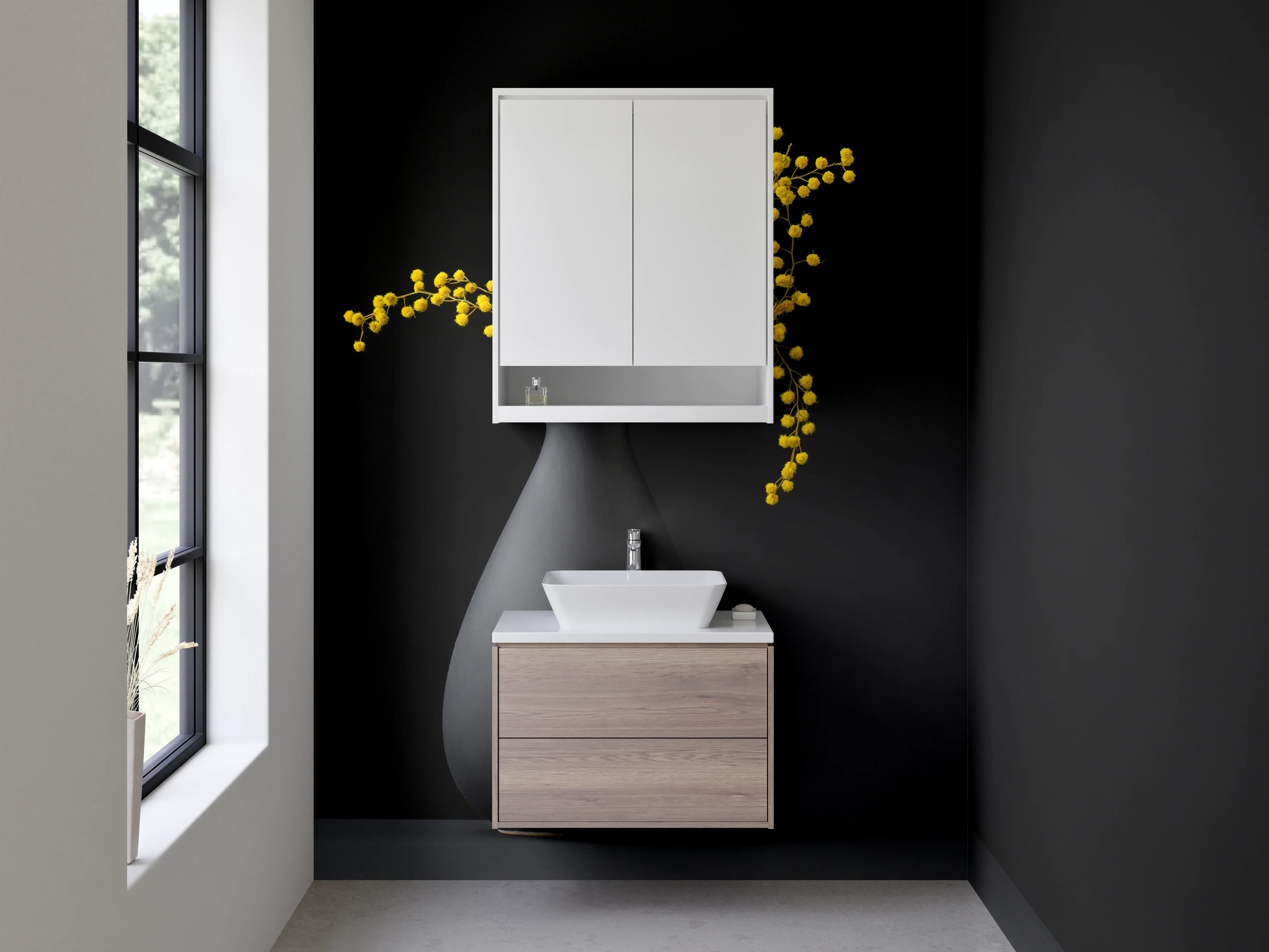 Waschbecken-Rückwand - Moderne Vase mit Mimosenzweig Stillleben