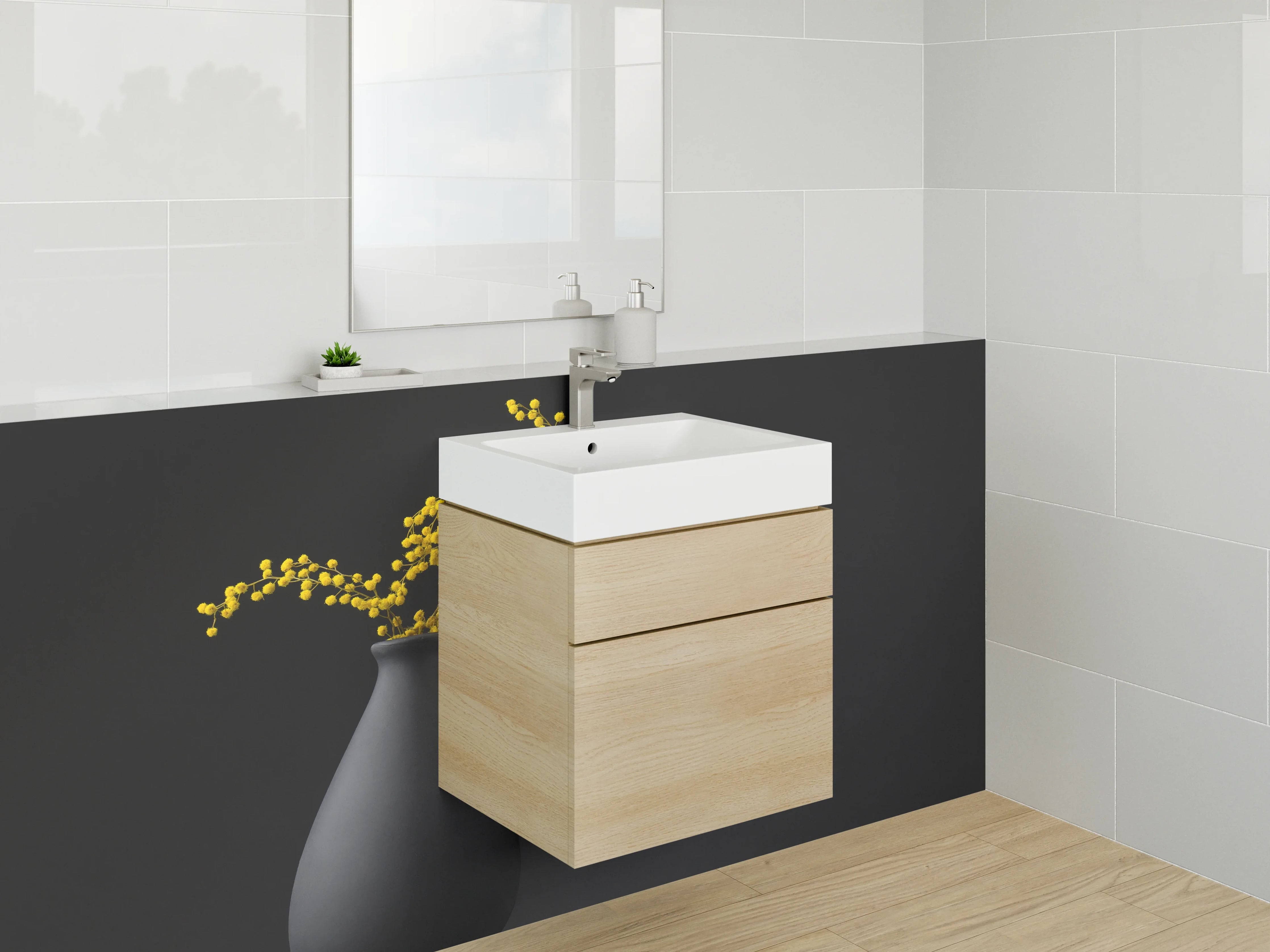 Waschbecken-Rückwand - Moderne Vase mit Mimosenzweig Stillleben