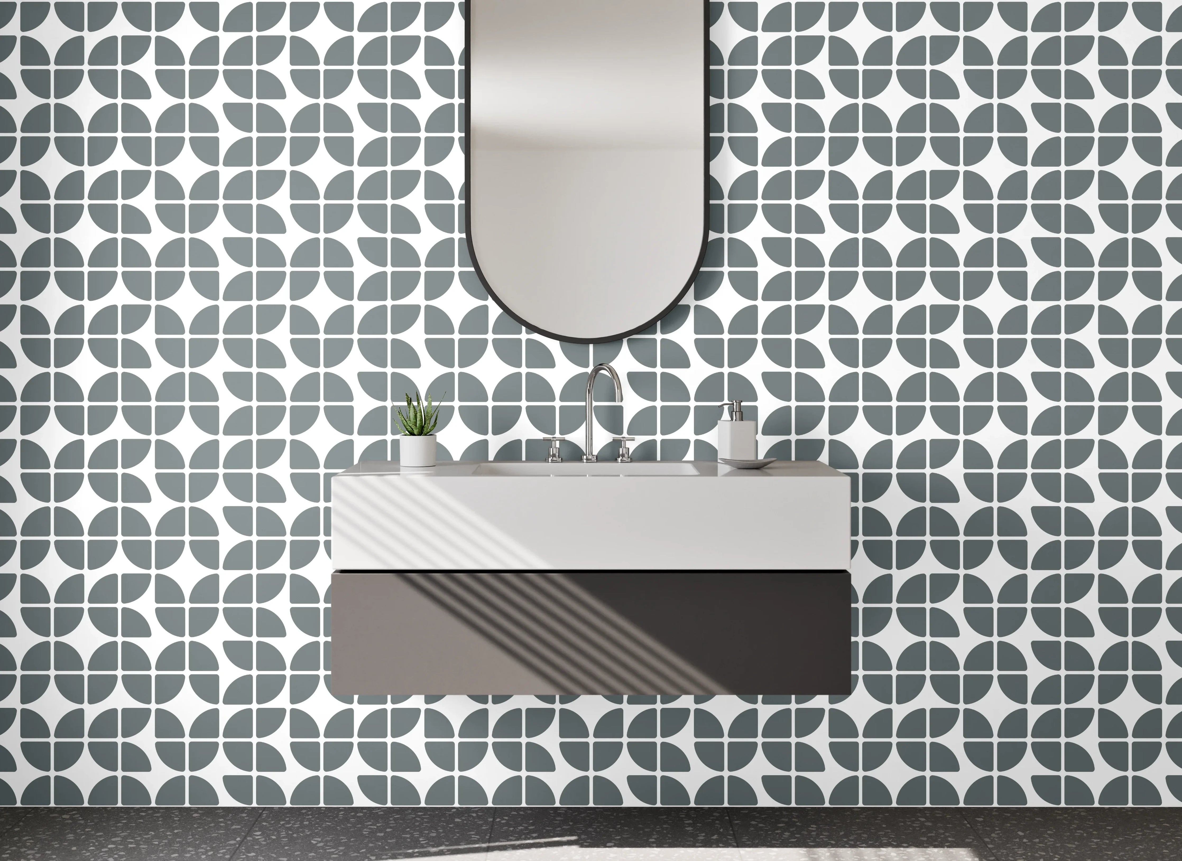 Waschbecken-Rückwand - Moderne geometrische Fliesenmuster in Grau und Weiß