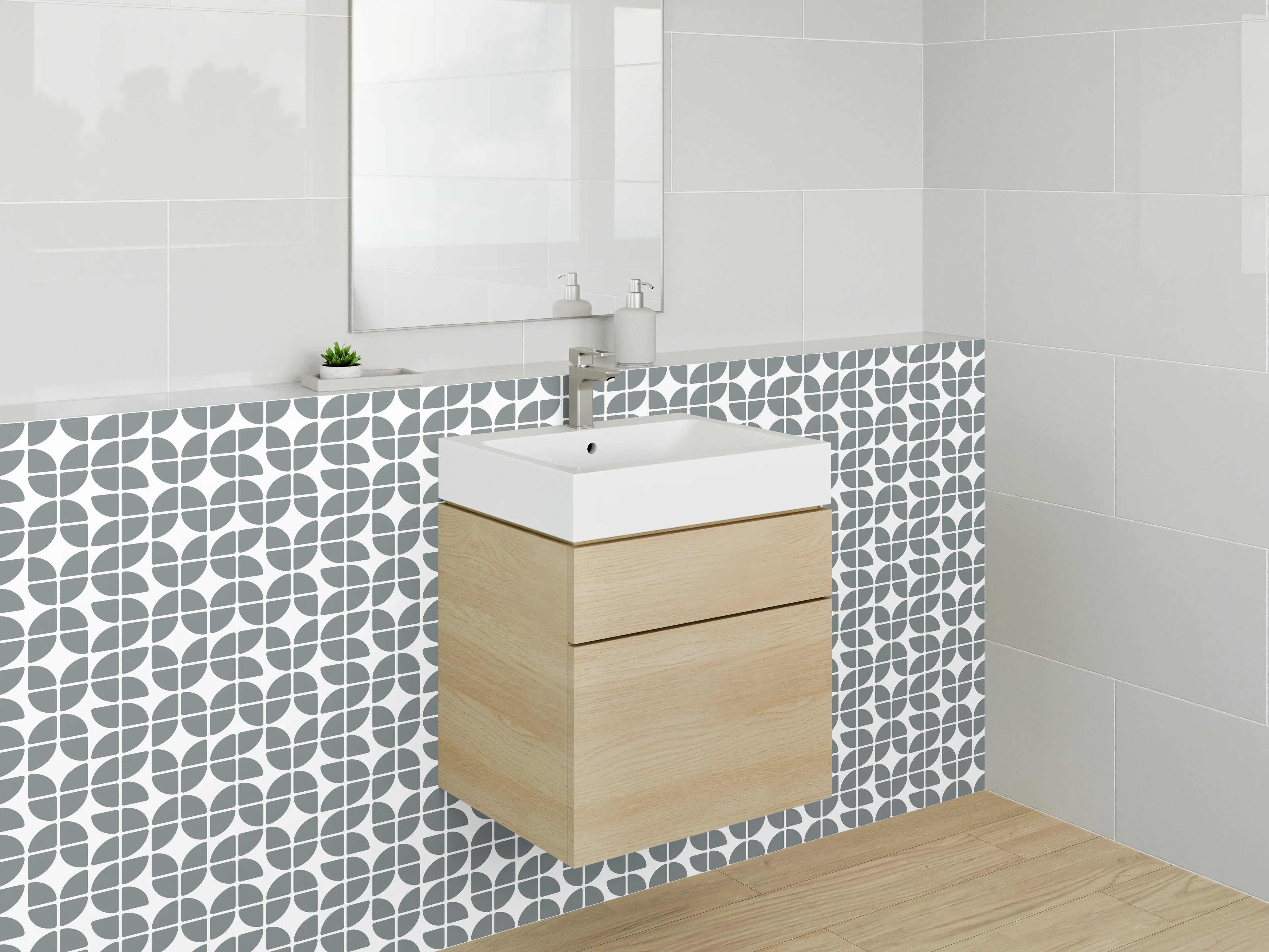 Waschbecken-Rückwand - Moderne geometrische Fliesenmuster in Grau und Weiß