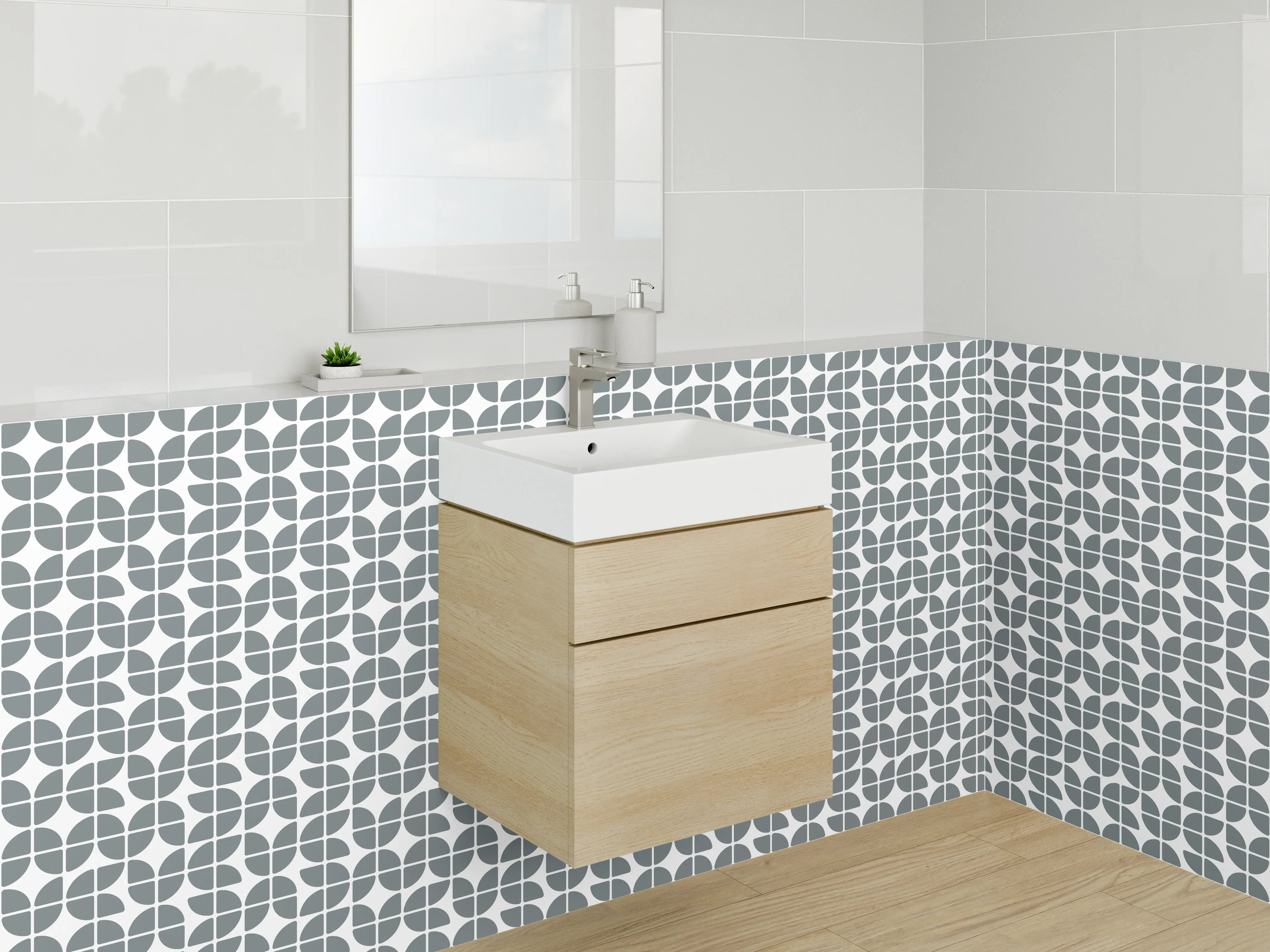 Waschbecken-Rückwand - Moderne geometrische Fliesenmuster in Grau und Weiß