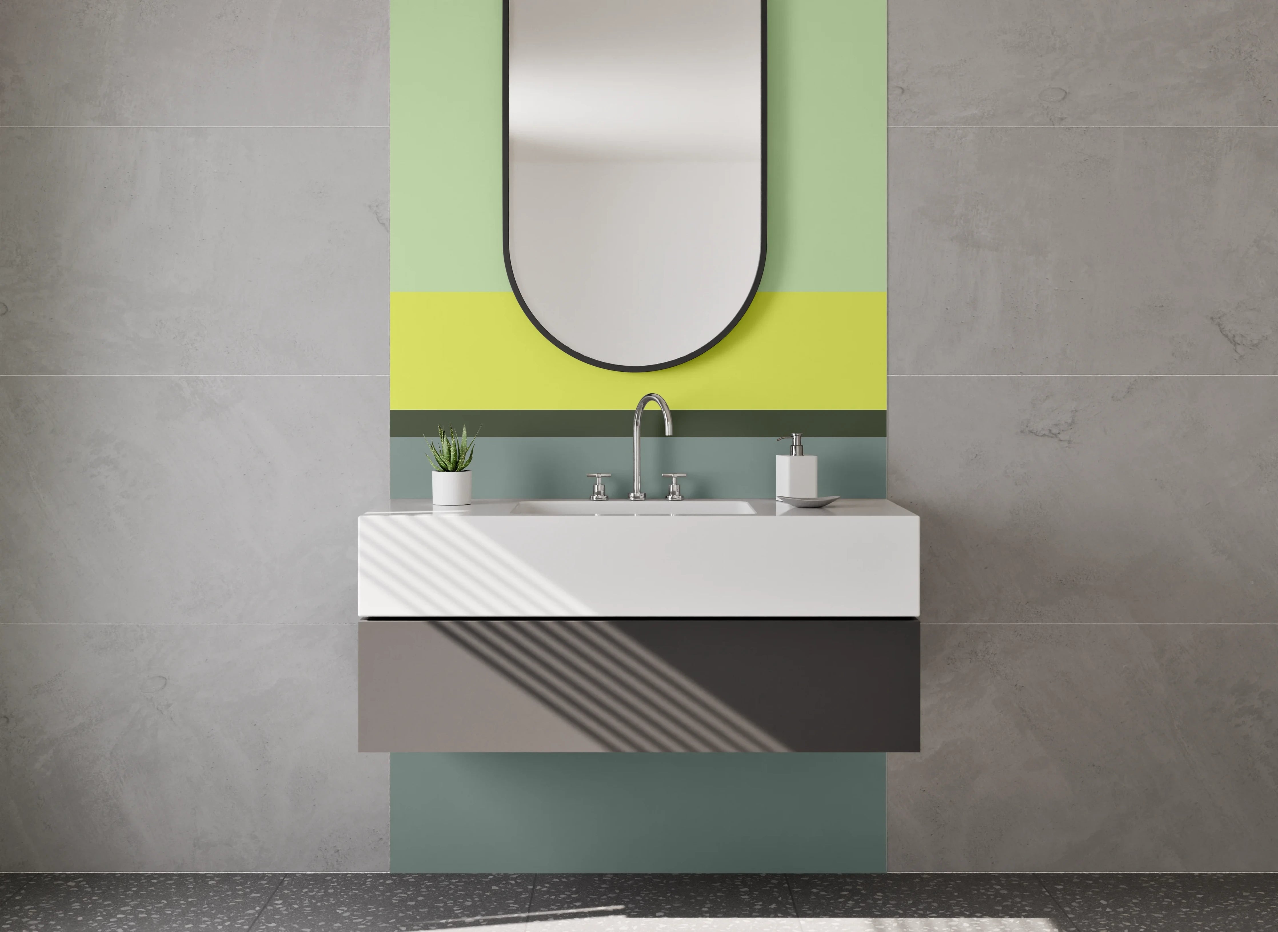 Waschbecken-Rückwand - Moderne graue und grüne Streifenwand
