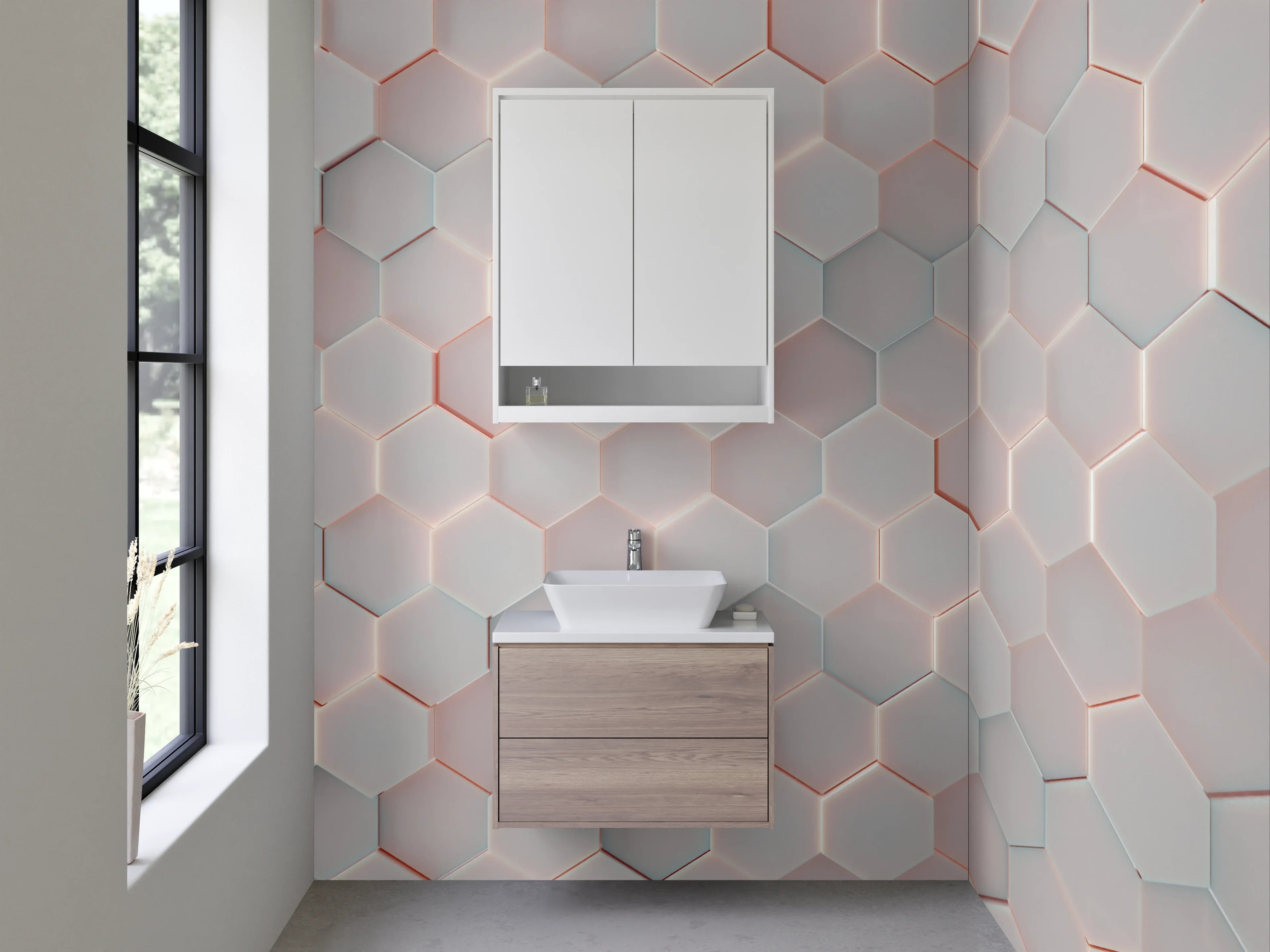 Waschbecken-Rückwand - Moderne weiße 3D-Wandfliesen mit rotem Akzent