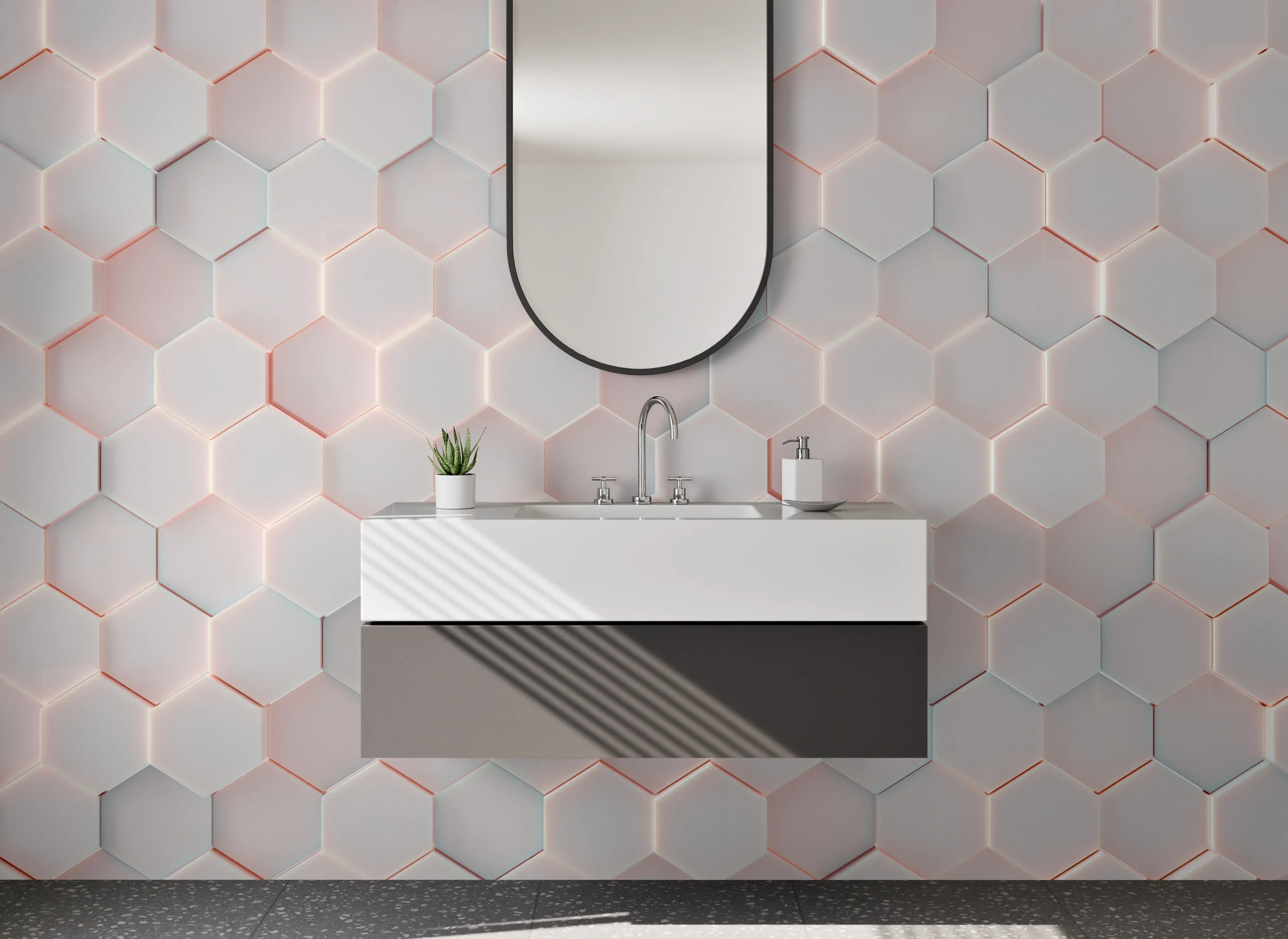 Waschbecken-Rückwand - Moderne weiße 3D-Wandfliesen mit rotem Akzent