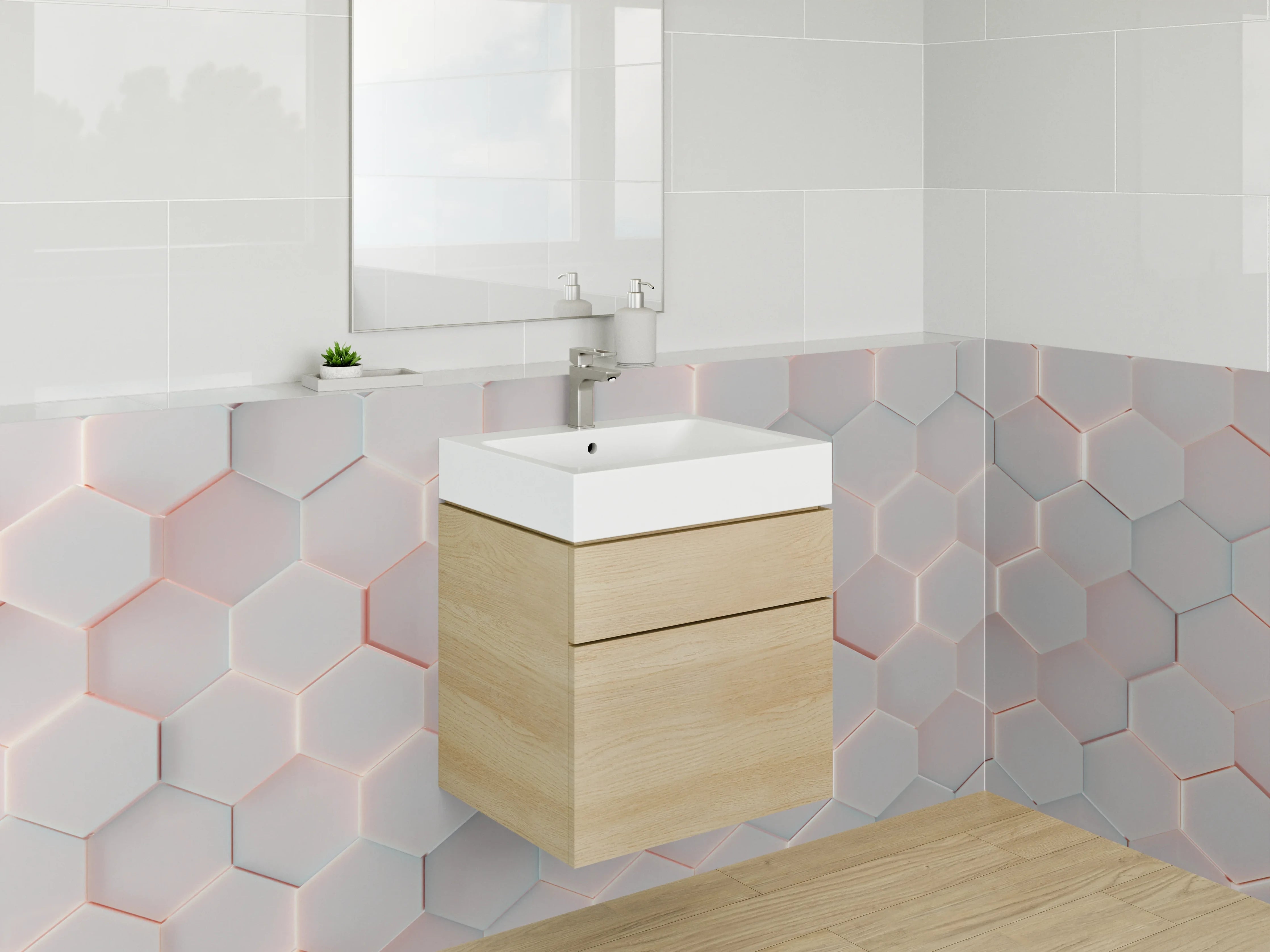 Waschbecken-Rückwand - Moderne weiße 3D-Wandfliesen mit rotem Akzent