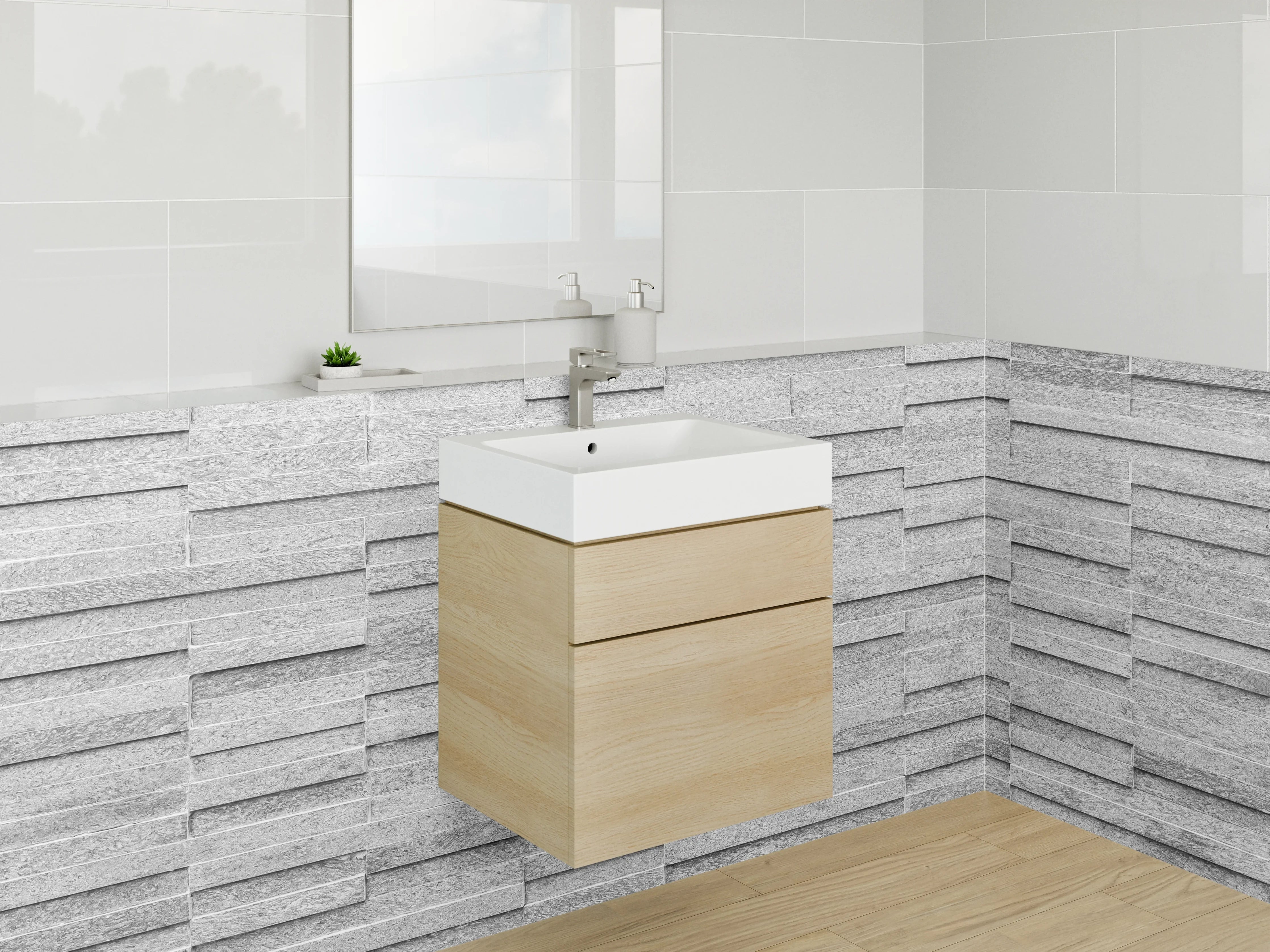 Waschbecken-Rückwand - Moderne weiße Steinoptik Fliesenwand