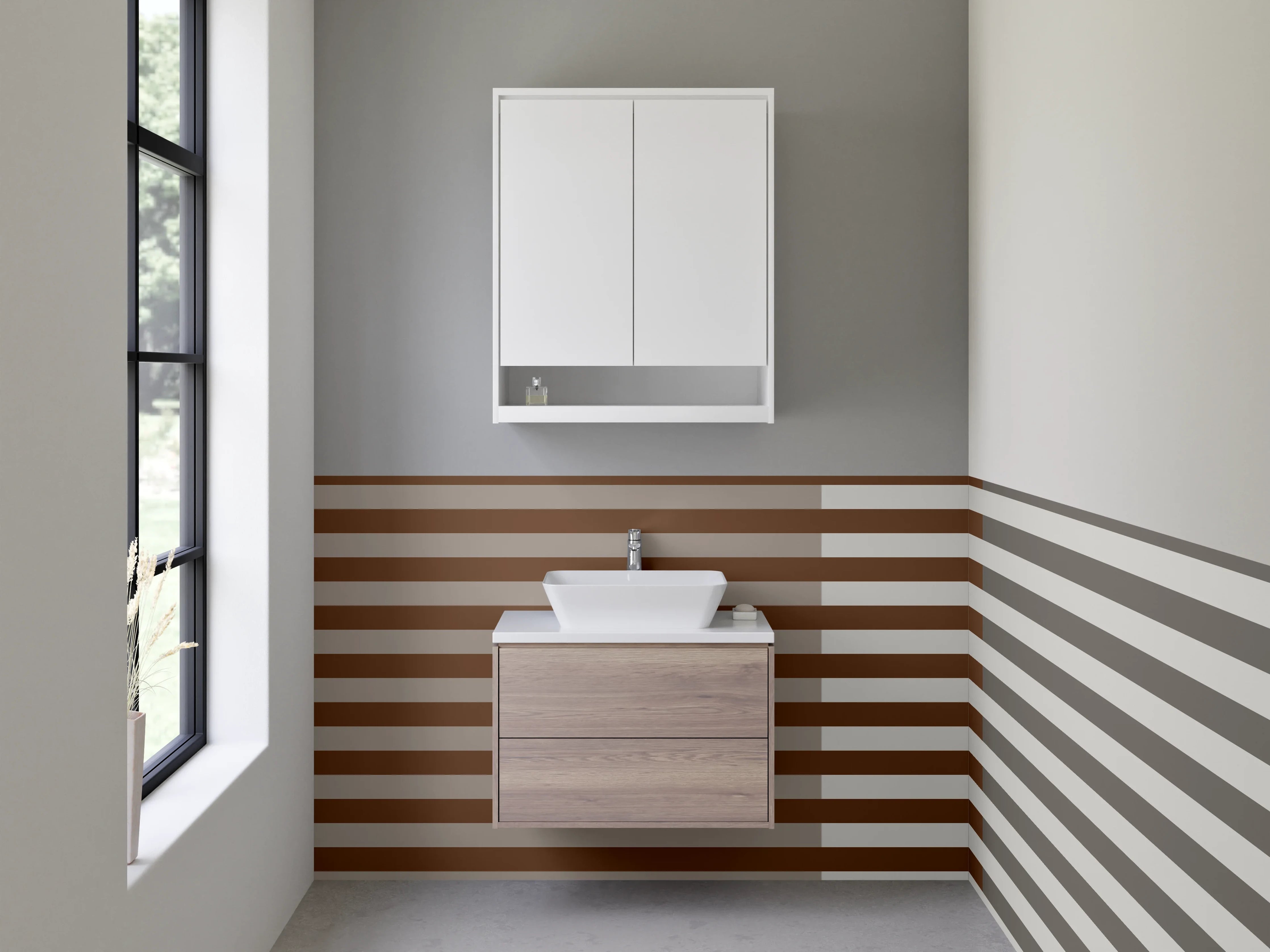 Waschbecken-Rückwand - Moderne, grafische Streifenwand in Grau-Braun