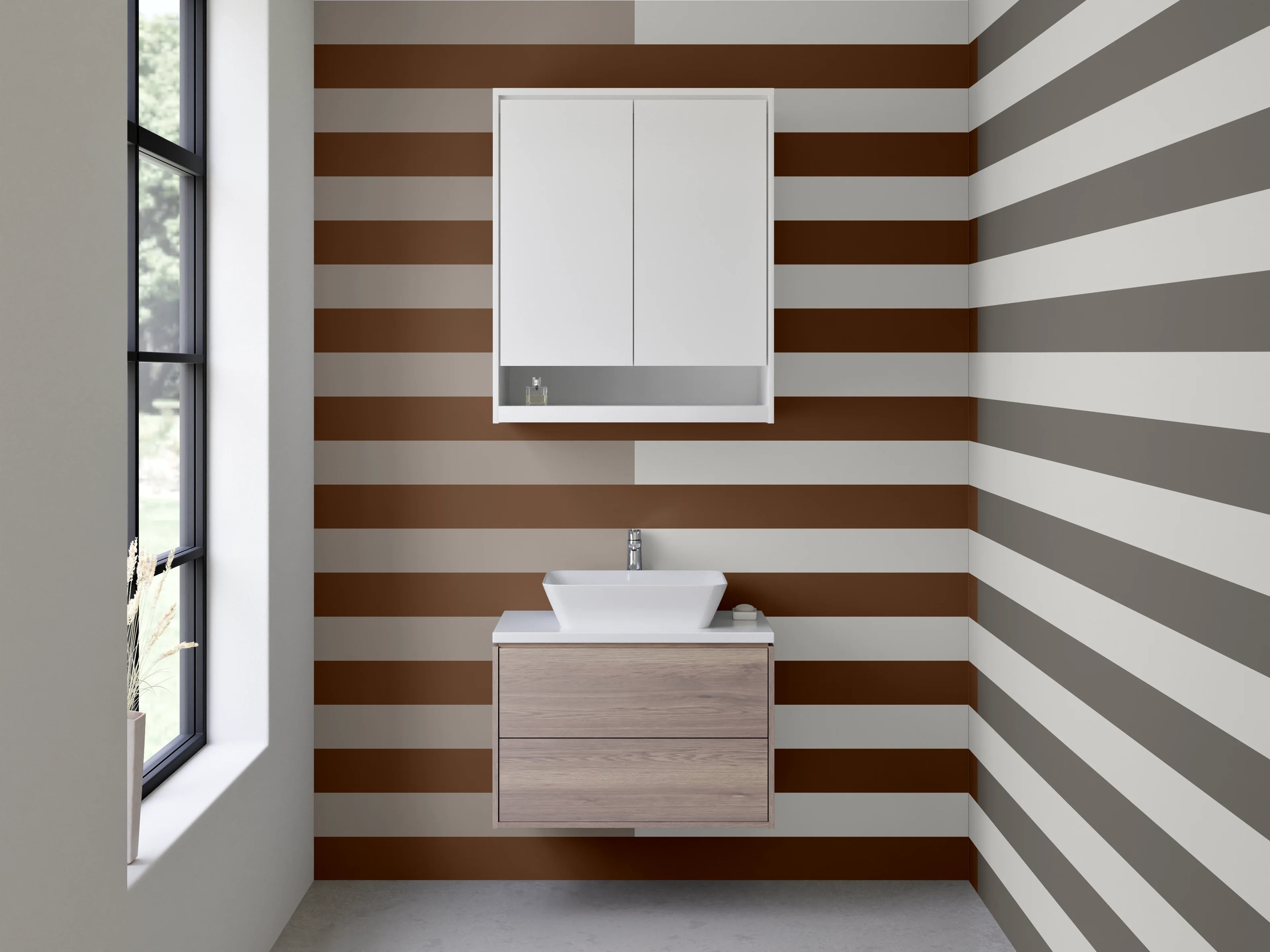 Waschbecken-Rückwand - Moderne, grafische Streifenwand in Grau-Braun