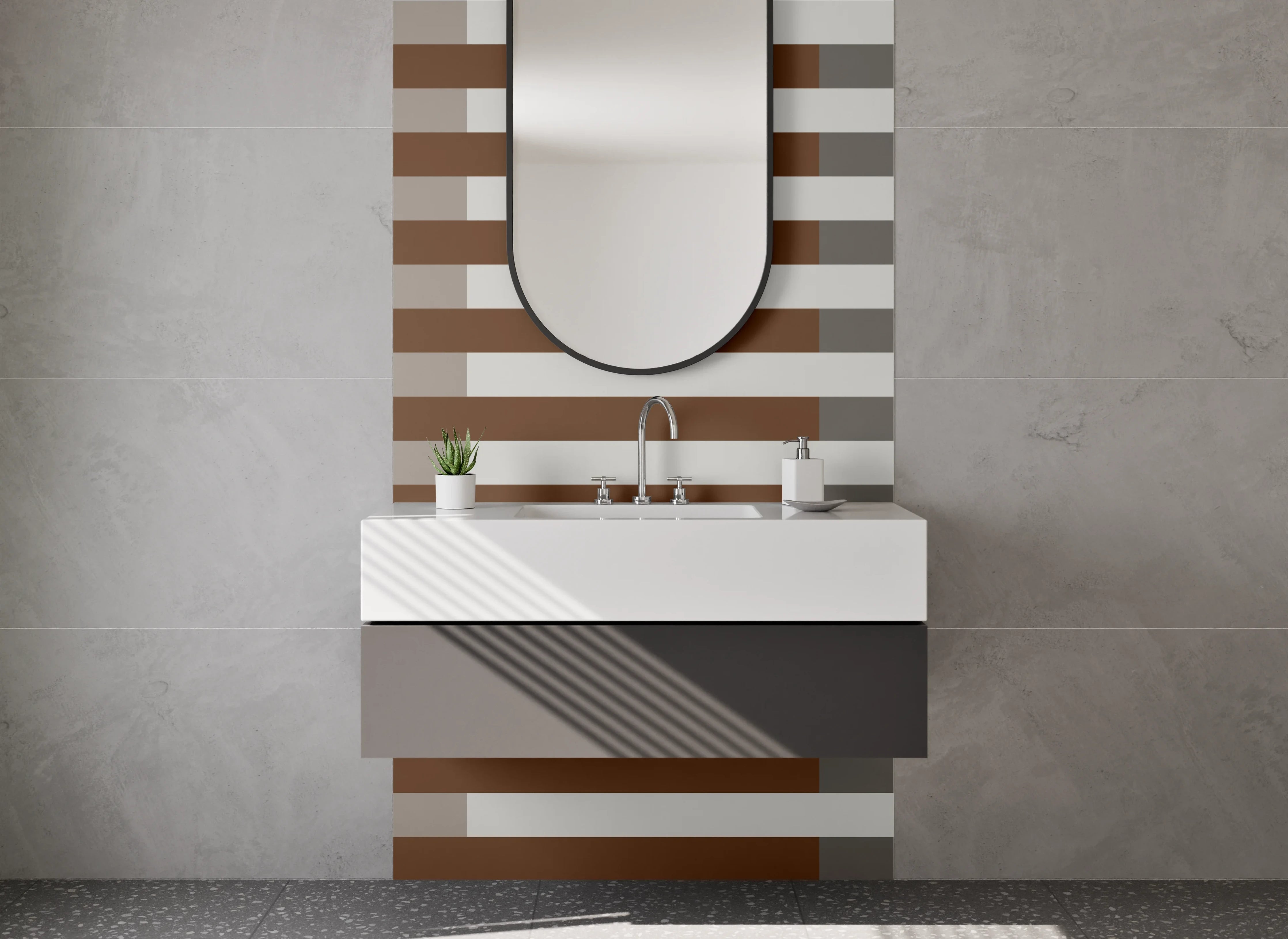 Waschbecken-Rückwand - Moderne, grafische Streifenwand in Grau-Braun