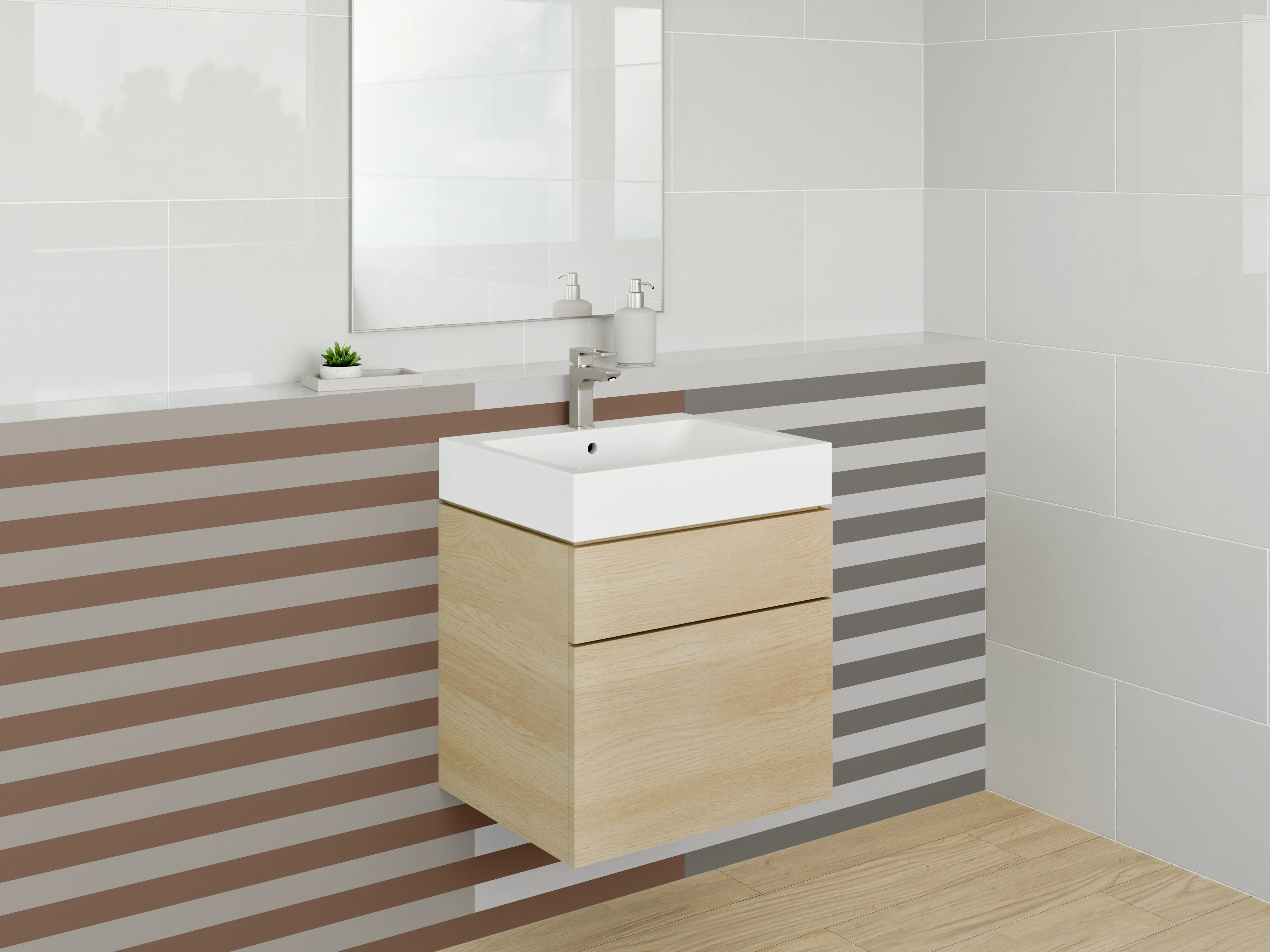 Waschbecken-Rückwand - Moderne, grafische Streifenwand in Grau-Braun