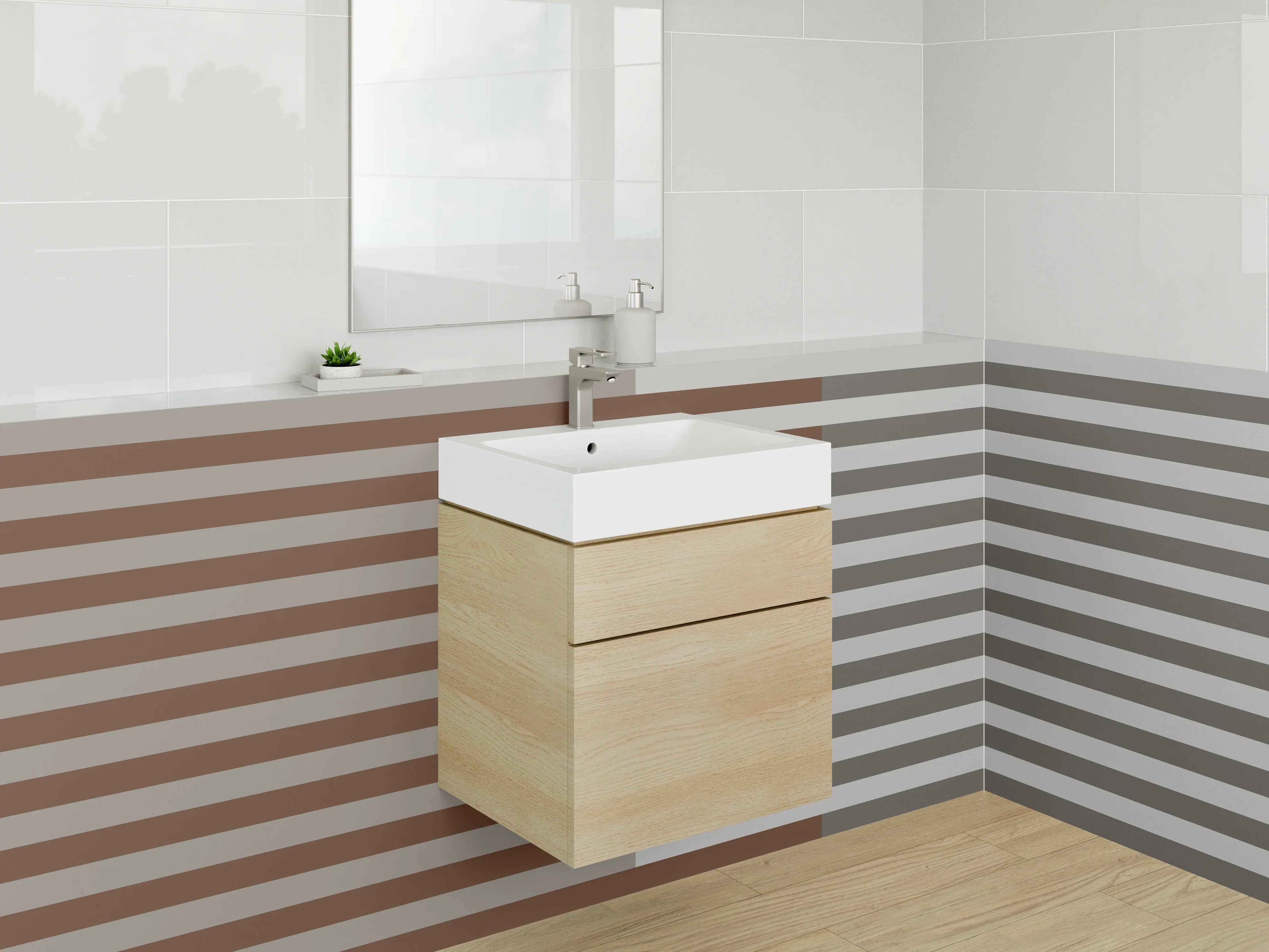 Waschbecken-Rückwand - Moderne, grafische Streifenwand in Grau-Braun
