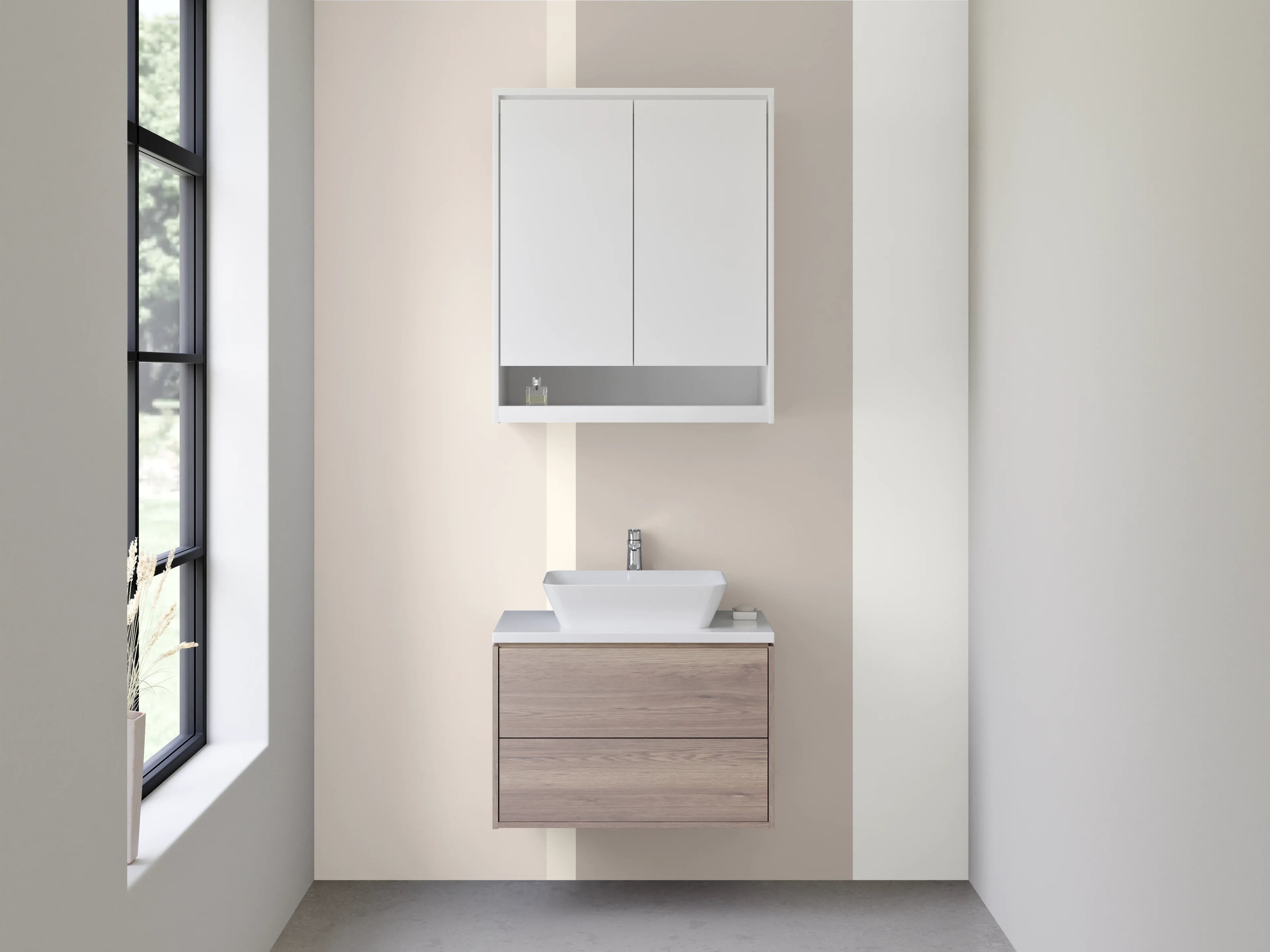 Waschbecken-Rückwand - Moderner Beistelltisch in neutralen Tönen