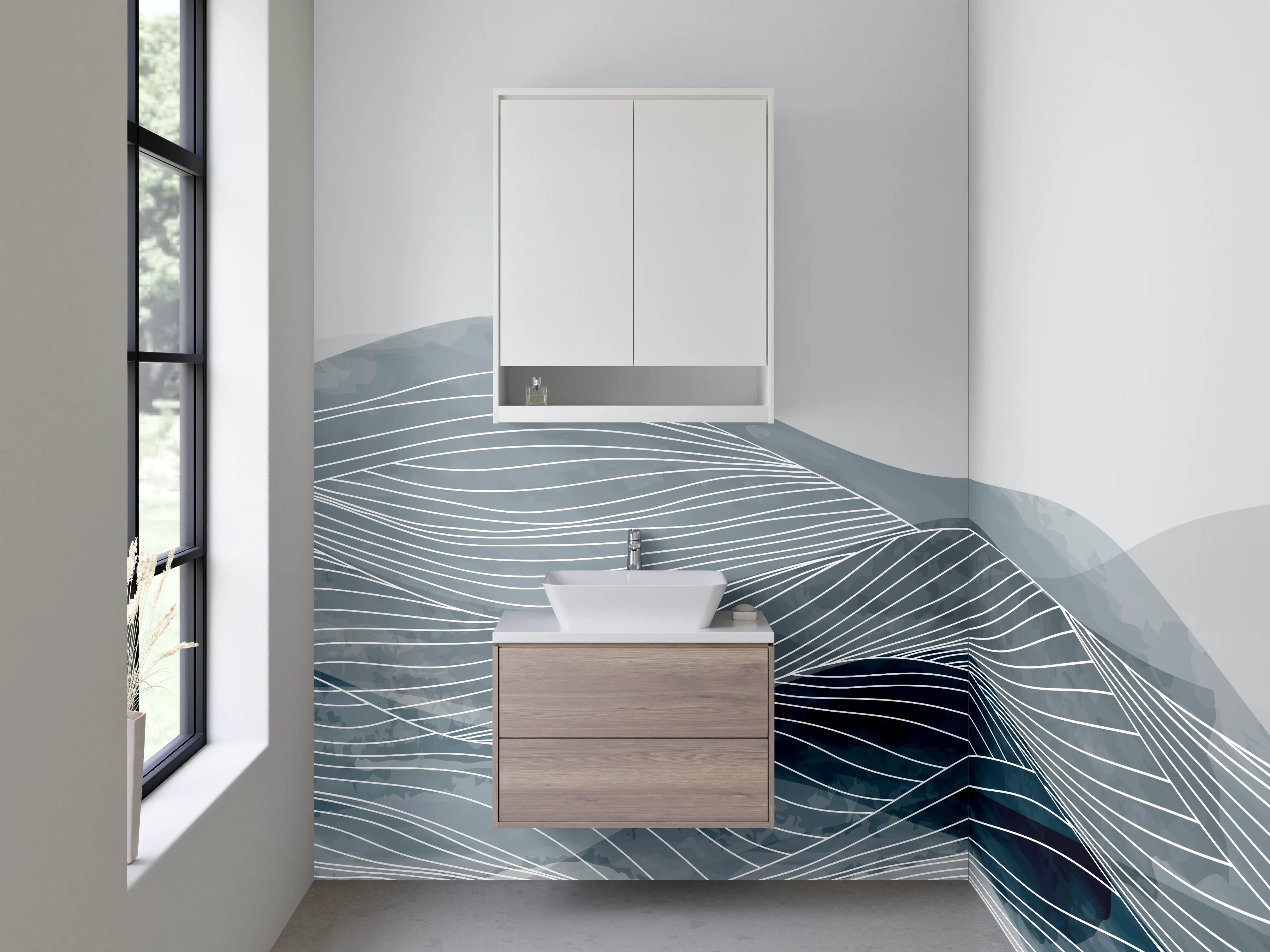 Waschbecken-Rückwand - Moderner Wellen-Design in Grau
