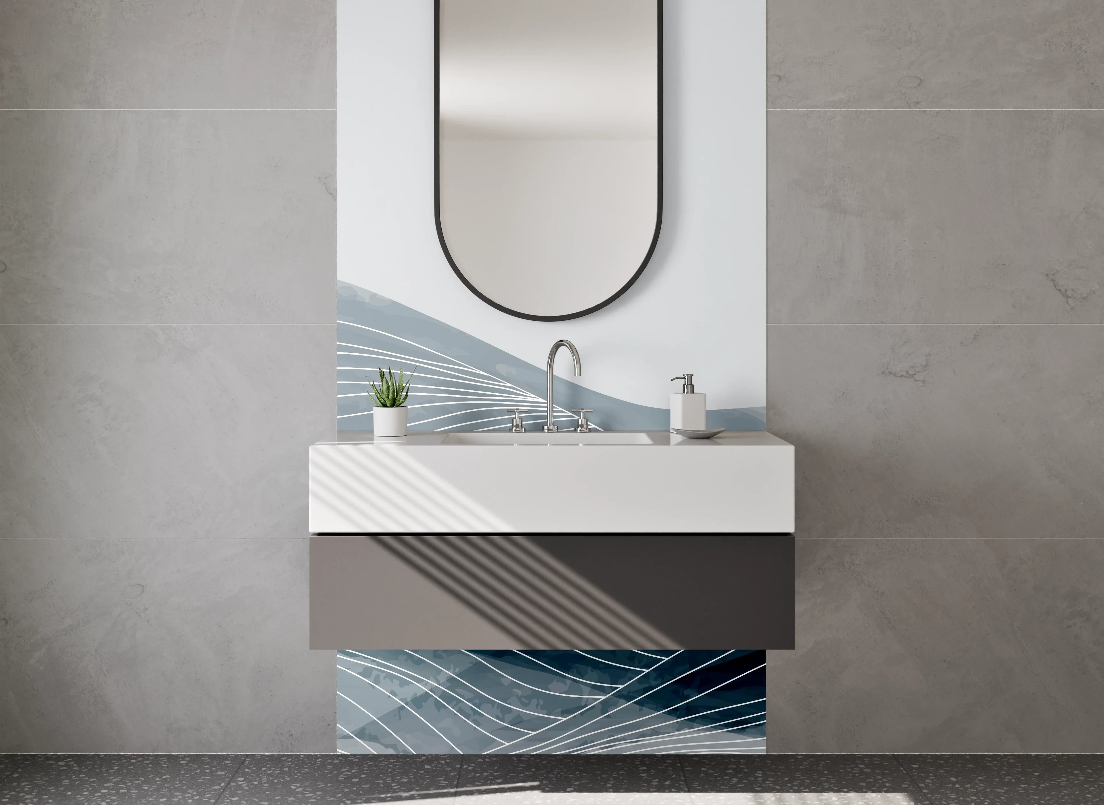 Waschbecken-Rückwand - Moderner Wellen-Design in Grau