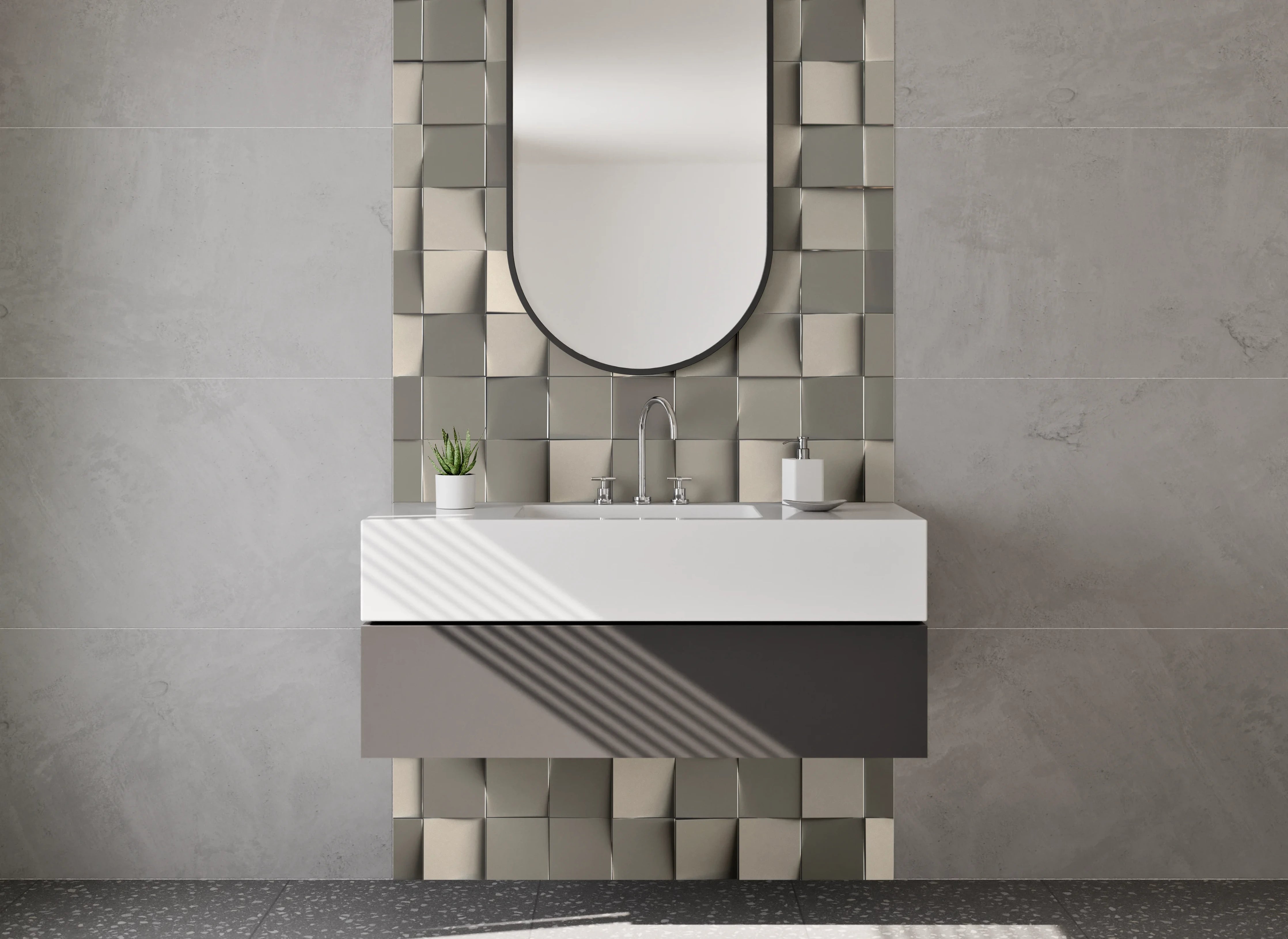 Waschbecken-Rückwand - Modernes 3D-Mosaik Grau Beige