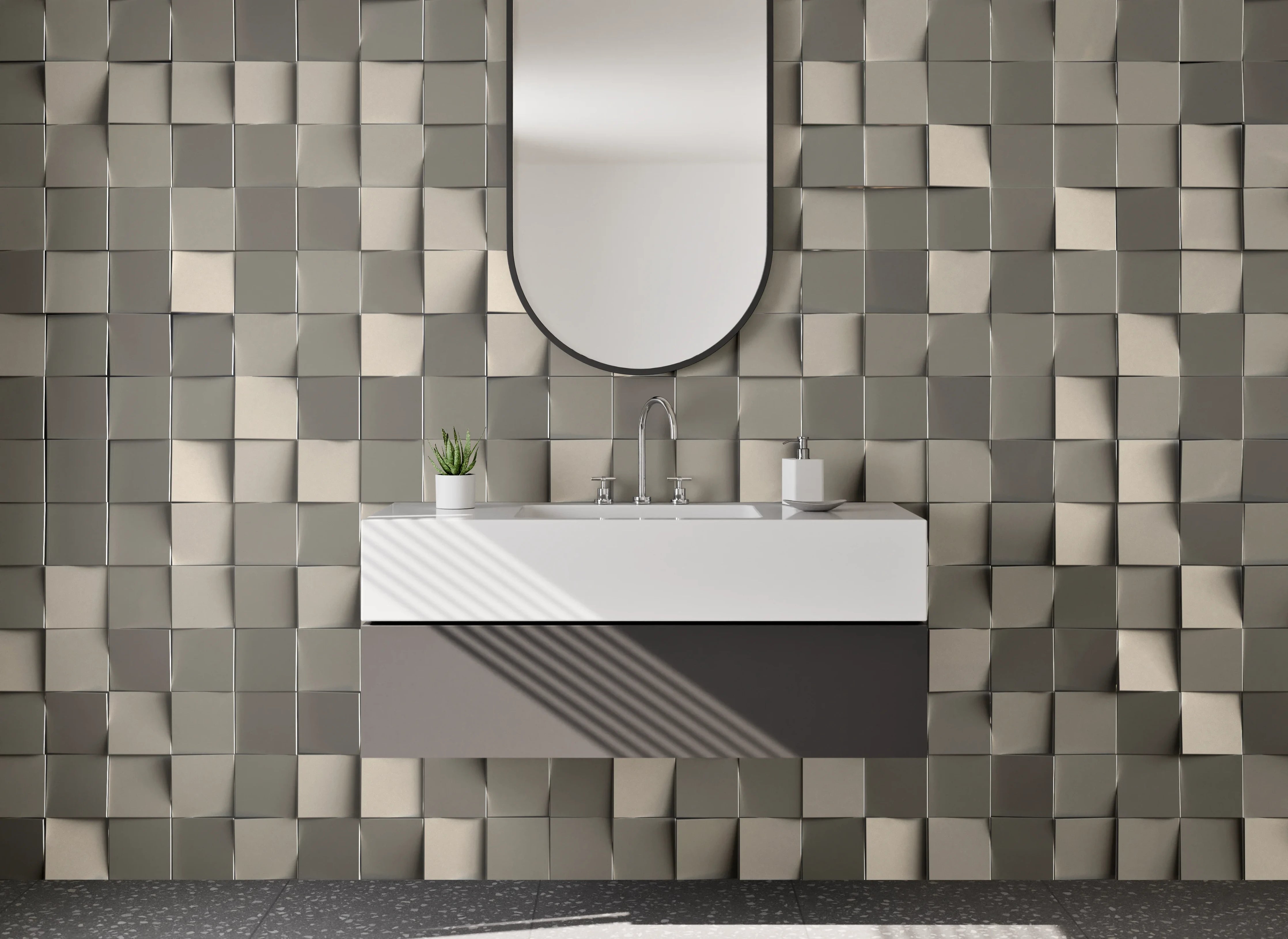 Waschbecken-Rückwand - Modernes 3D-Mosaik Grau Beige