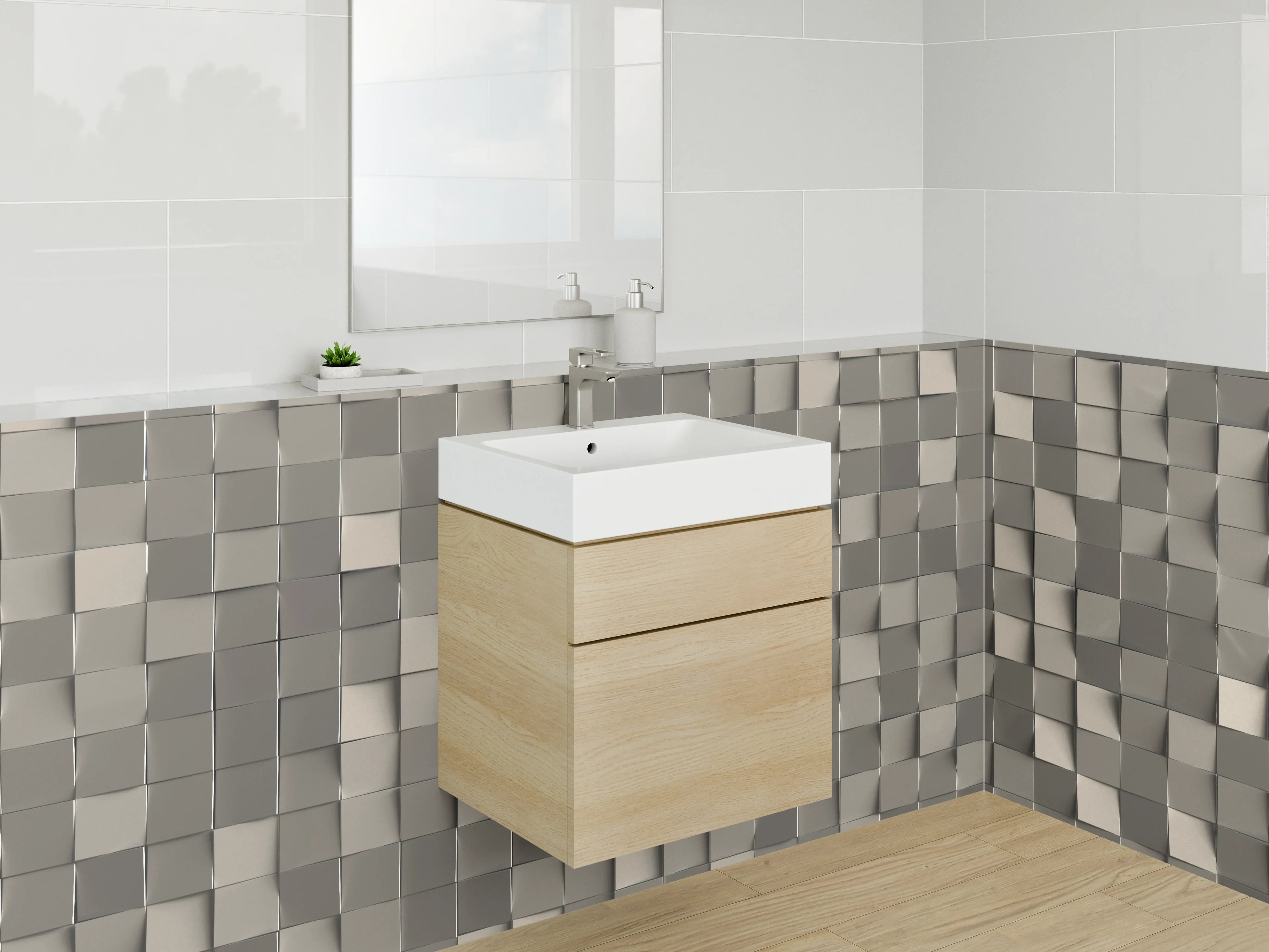 Waschbecken-Rückwand - Modernes 3D-Mosaik Grau Beige