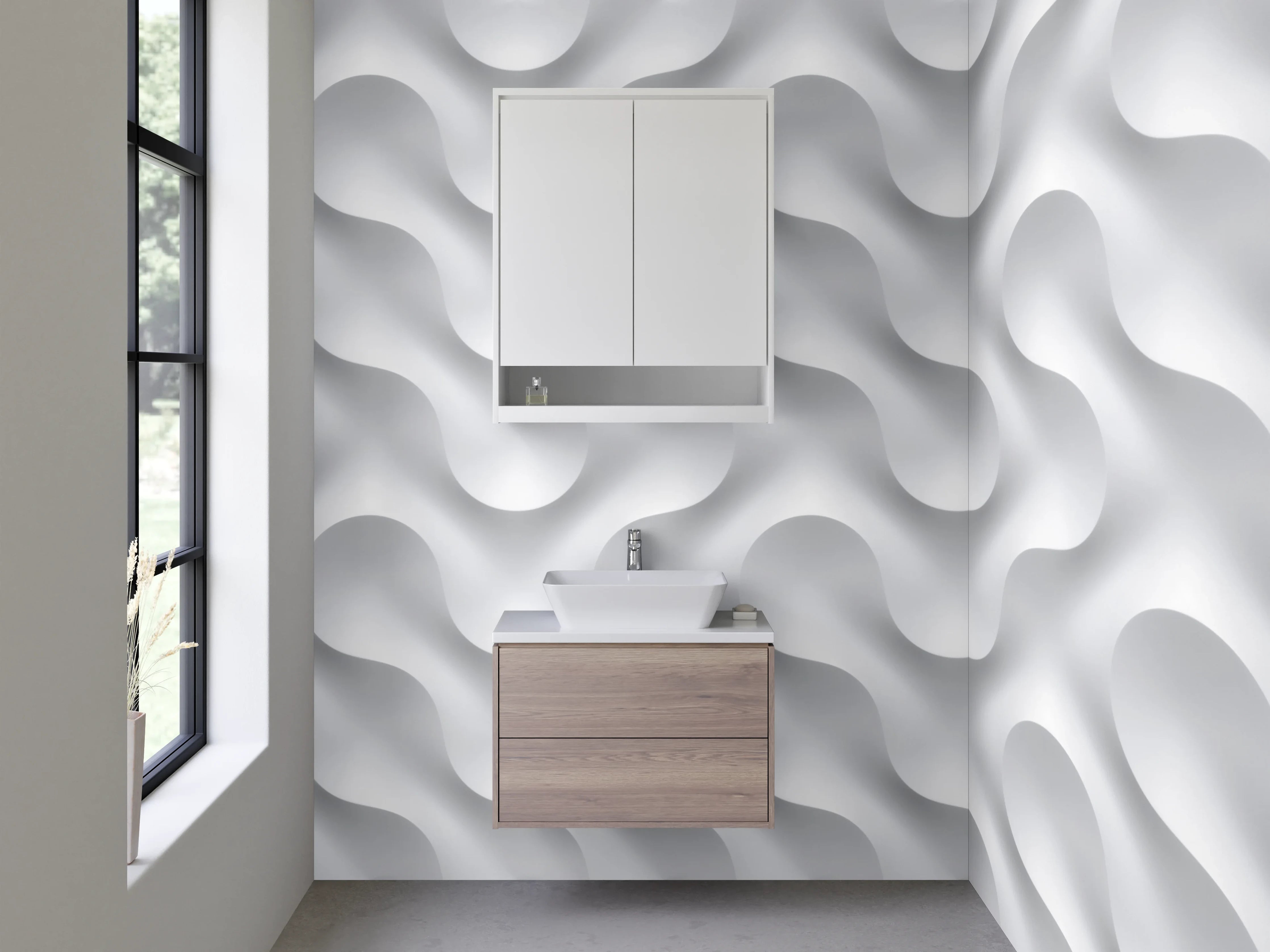 Waschbecken-Rückwand - Modernes 3D-Wellenmuster Weiß Grau