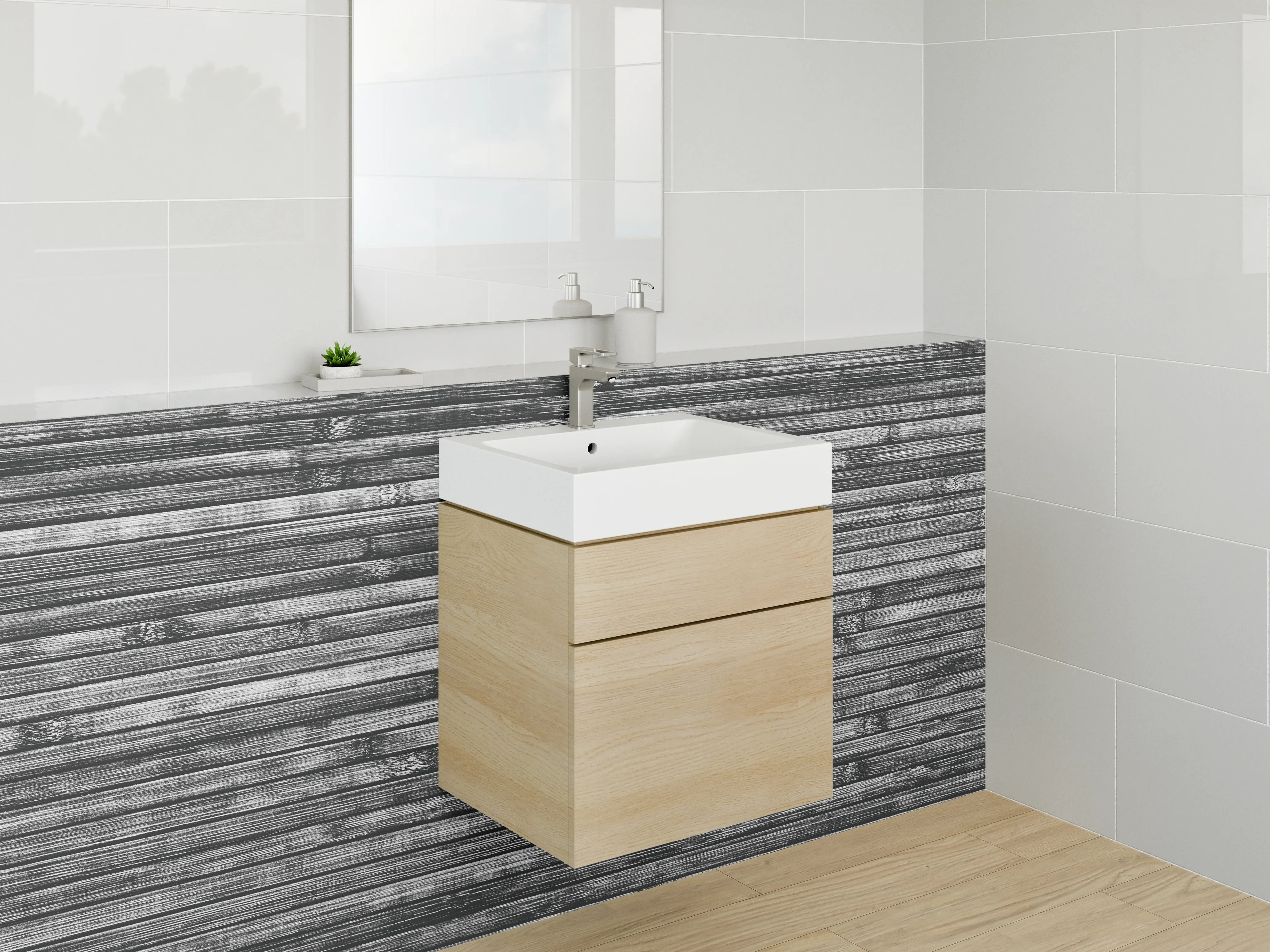 Waschbecken-Rückwand - Modernes Bambus Holz Muster Grau Schwarz