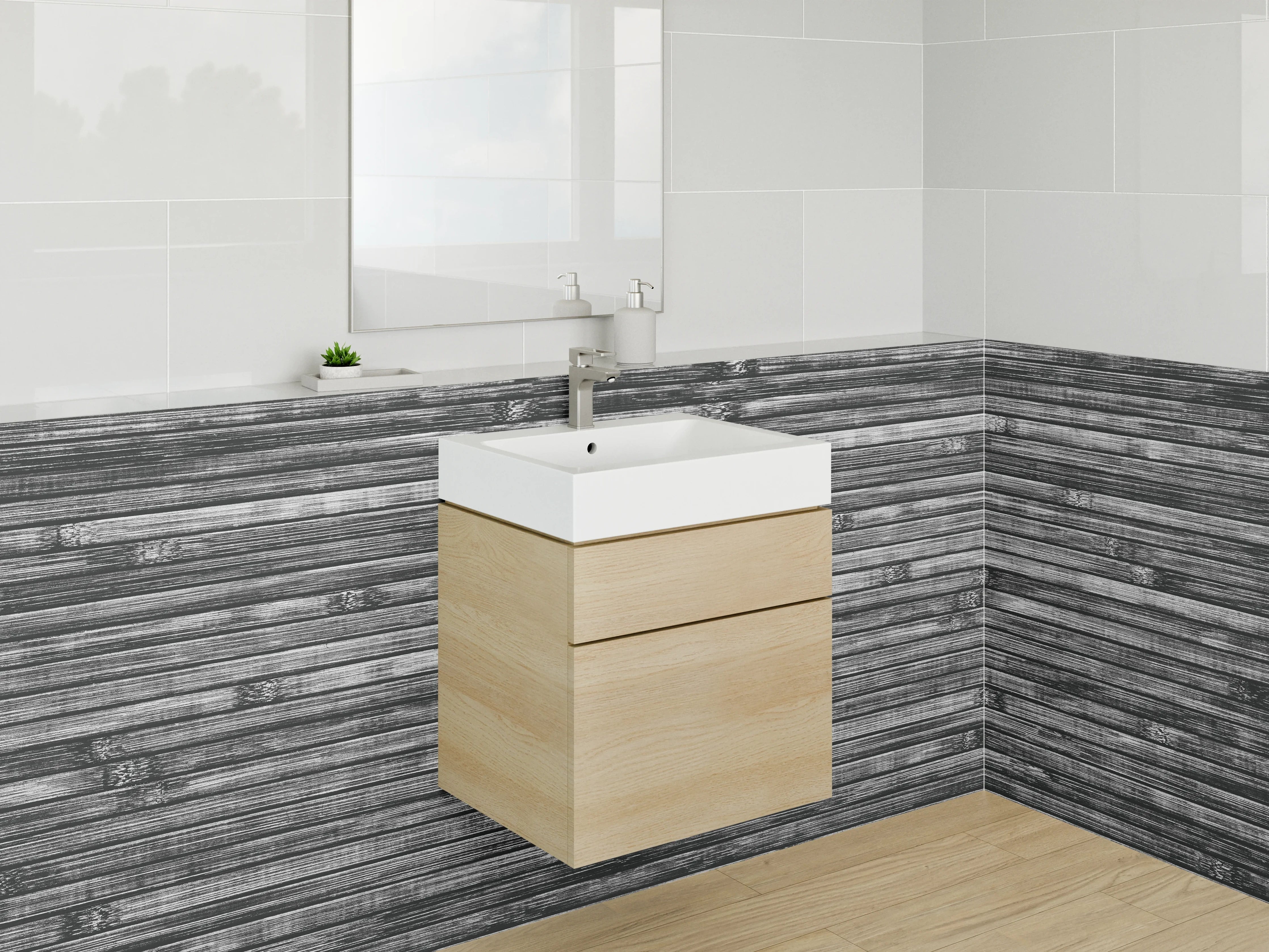 Waschbecken-Rückwand - Modernes Bambus Holz Muster Grau Schwarz