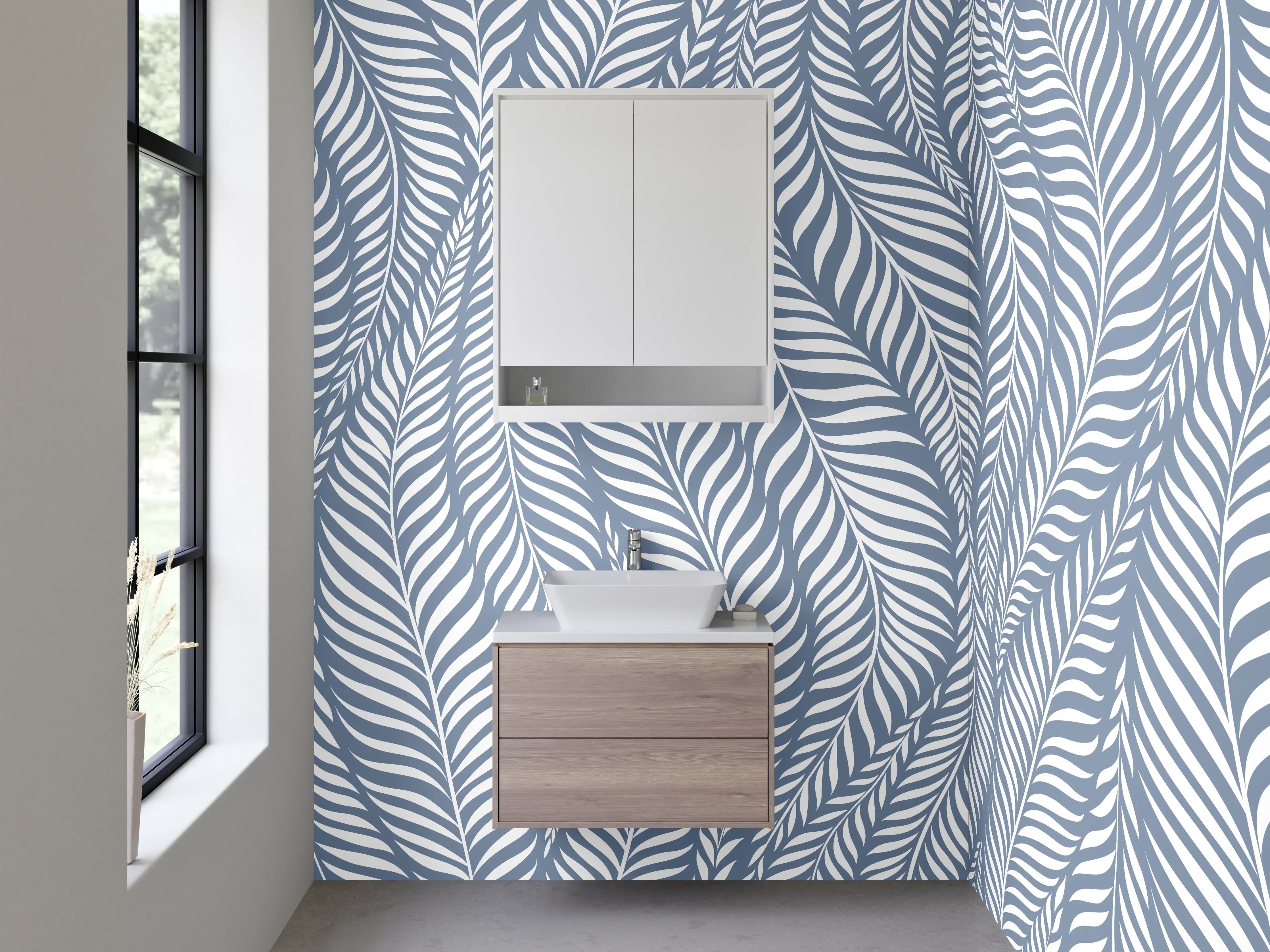 Waschbecken-Rückwand - Modernes Blätter-Muster in Blau-Weiß
