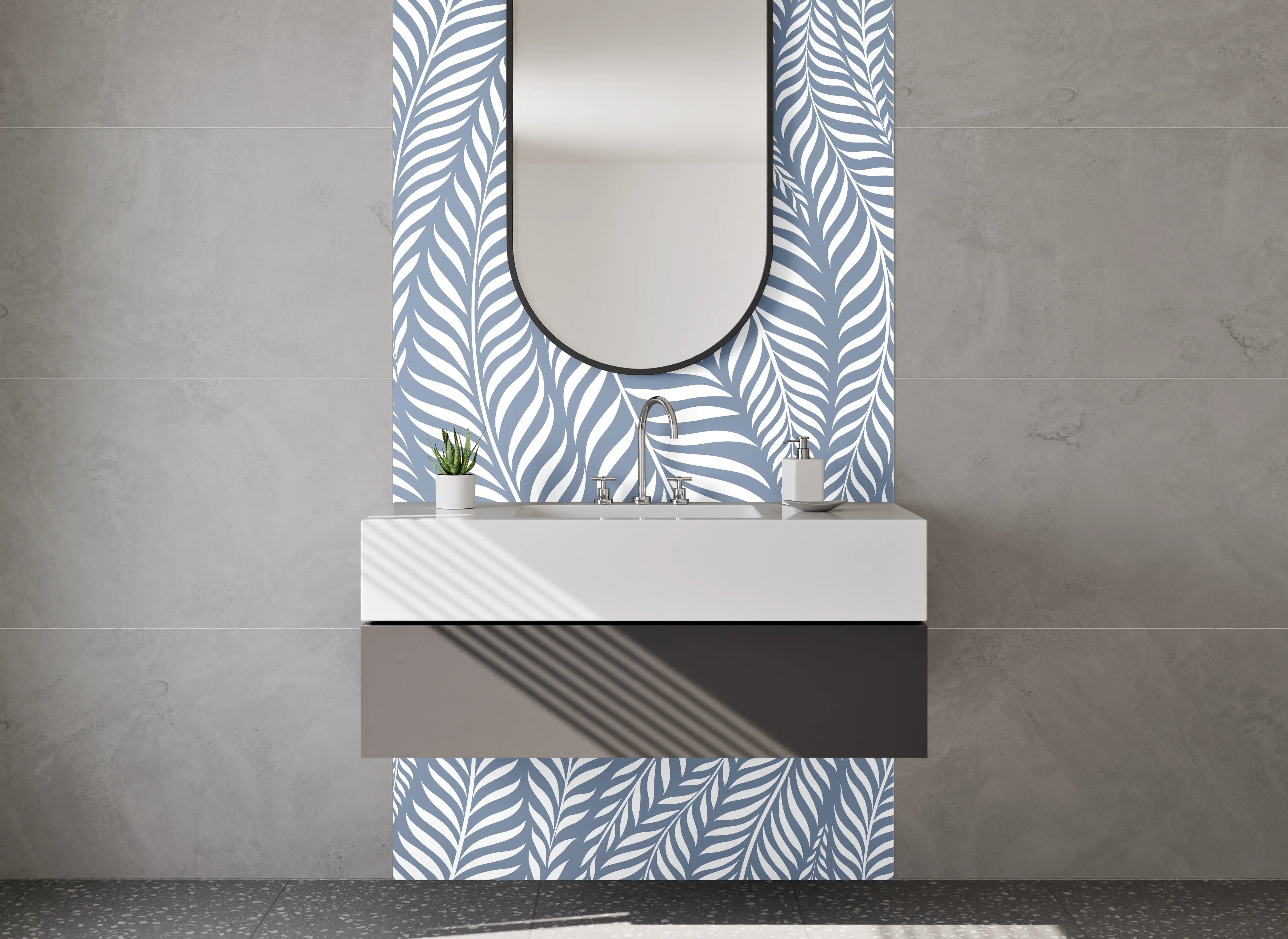 Waschbecken-Rückwand - Modernes Blätter-Muster in Blau-Weiß