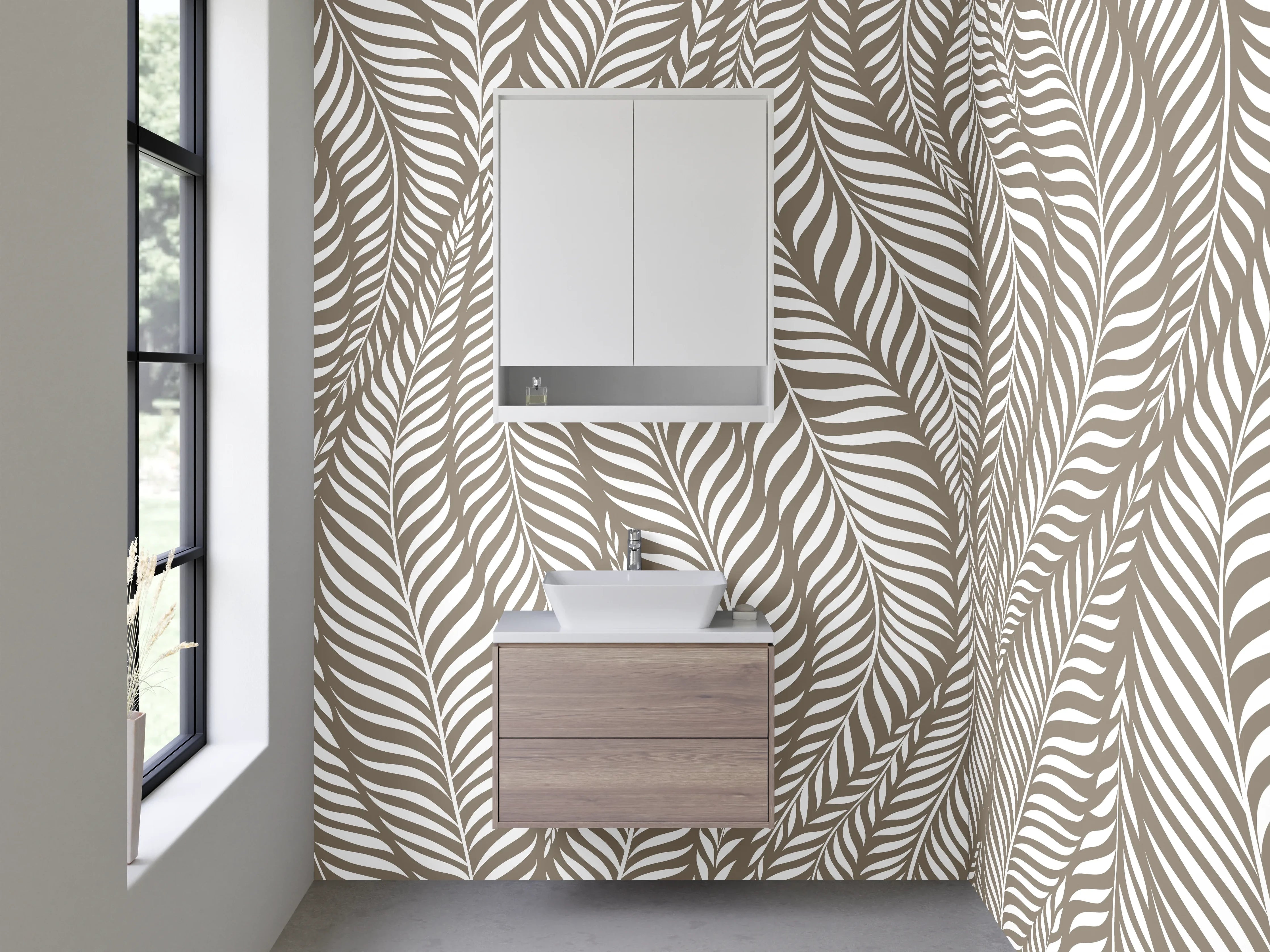 Waschbecken-Rückwand - Modernes Blättermuster Beige Weiß